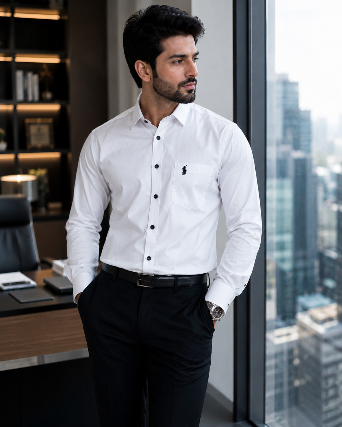 Image of LIBAAS CORNER Men Regular Fit Solid Spread Collar Casual Shirt