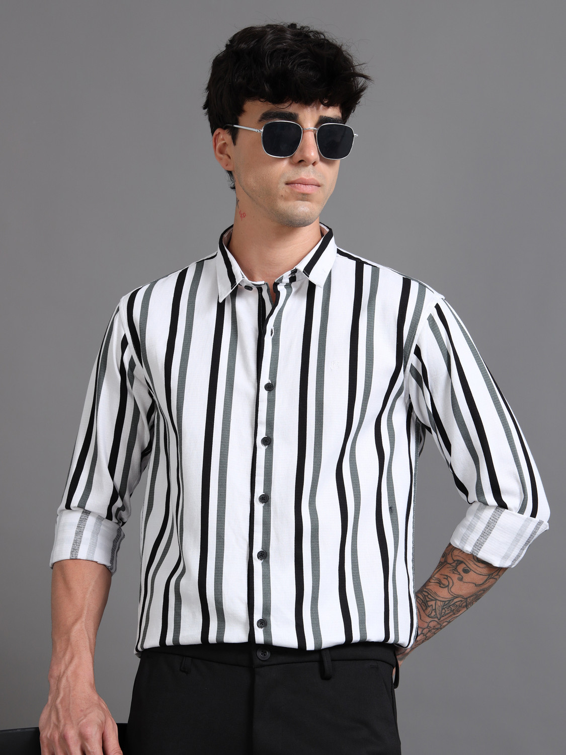 Image of The TallMann Club Men Regular Fit Striped Slim Collar Casual Shirt