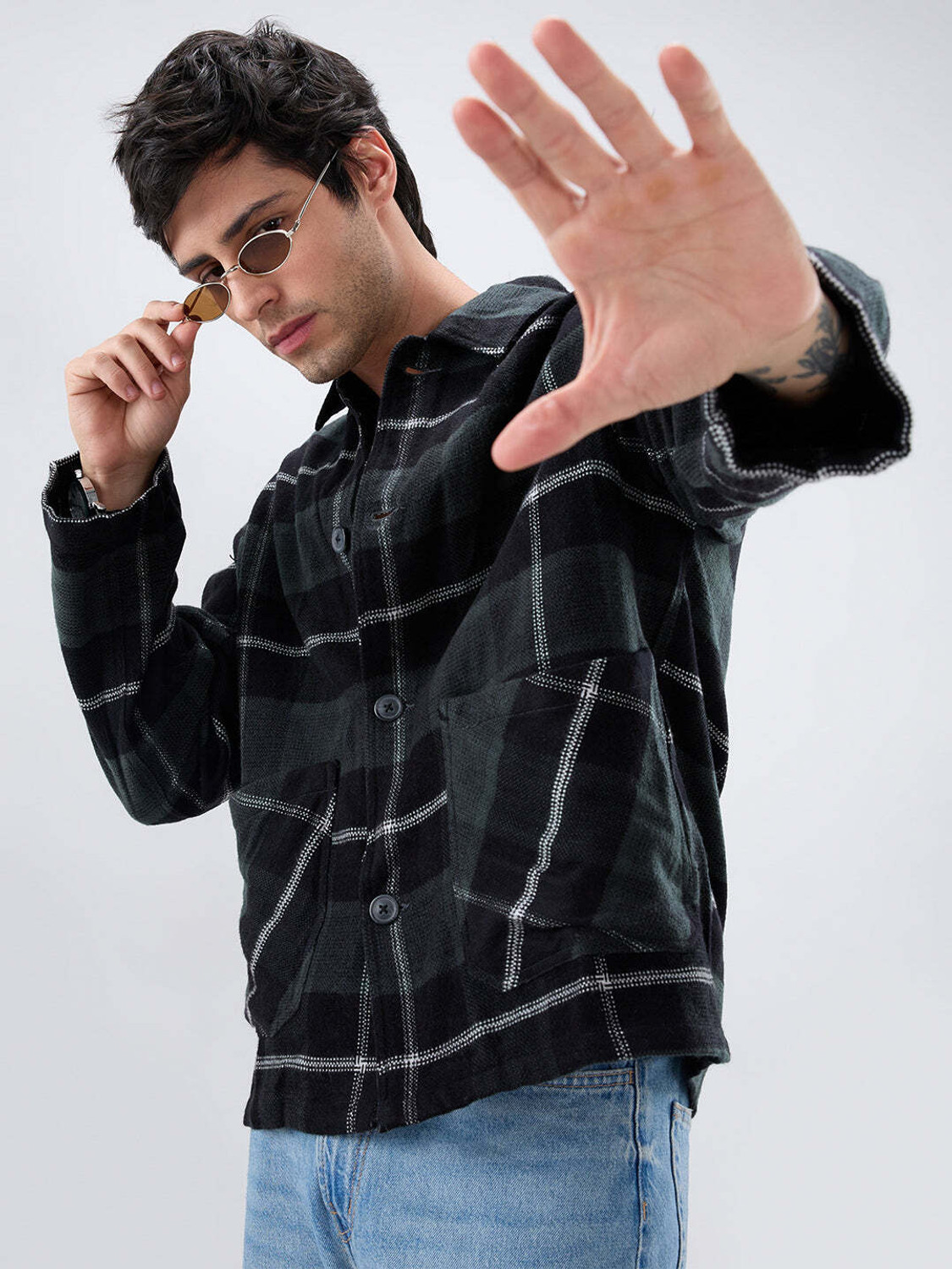 Image of VASTRADO Men Oversized Fit Checkered Cut Away Collar Casual Shirt