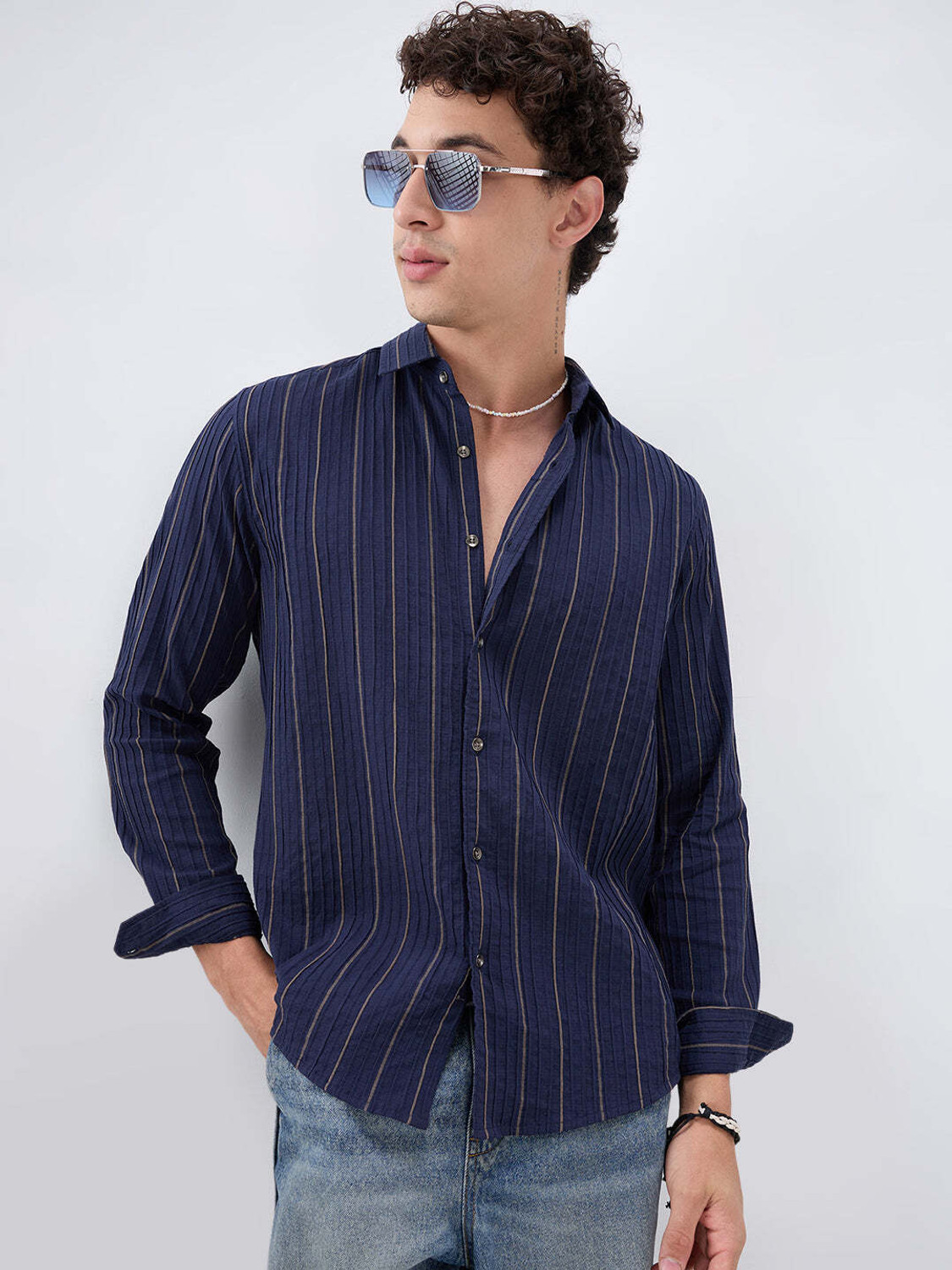 Image of VASTRADO Men Regular Fit Striped Cut Away Collar Casual Shirt