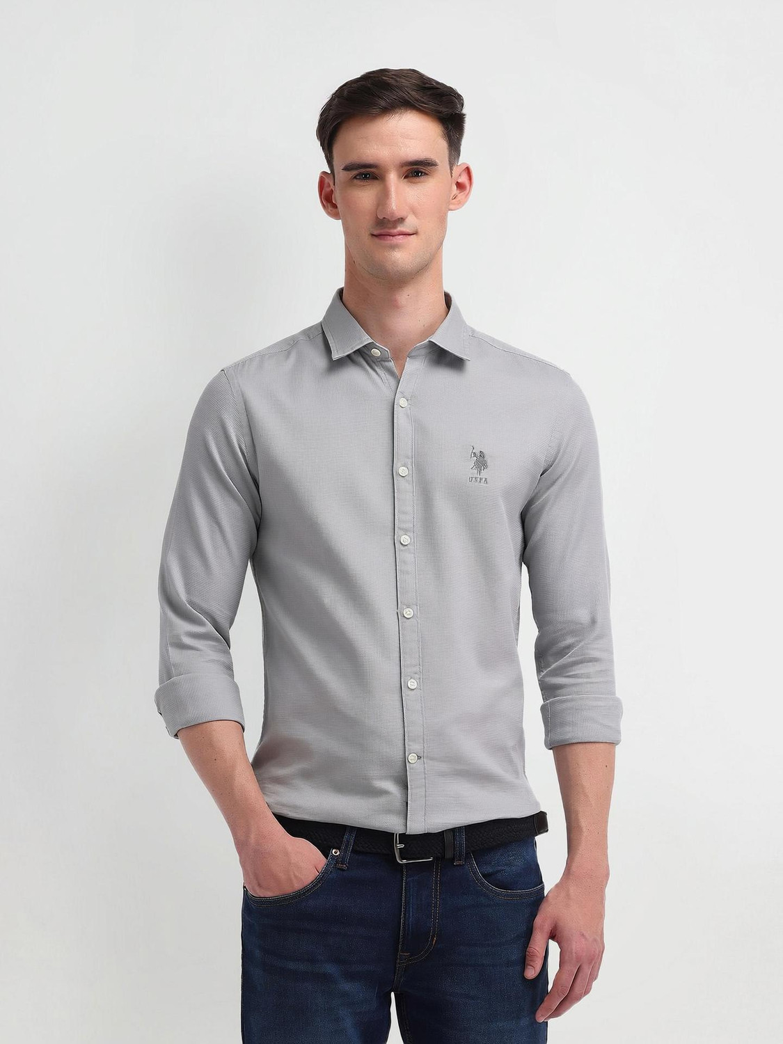 Image of U.S. POLO ASSN. Men Regular Fit Solid Spread Collar Casual Shirt