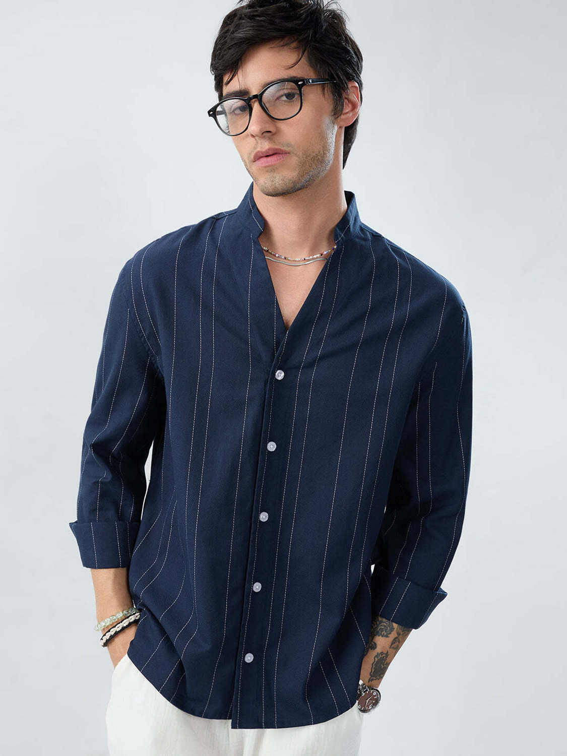 Image of VASTRADO Men Regular Fit Striped Cut Away Collar Casual Shirt