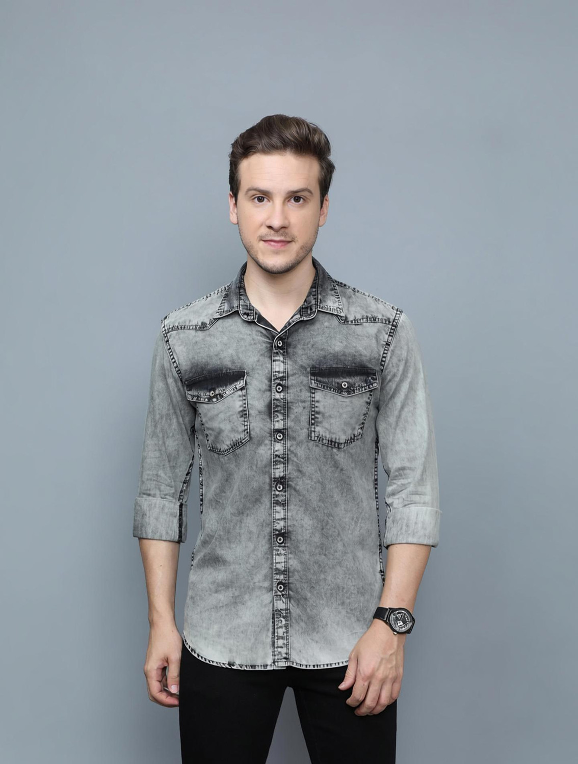 Image of AIDAN PAUL Men Regular Fit Washed Spread Collar Casual Shirt