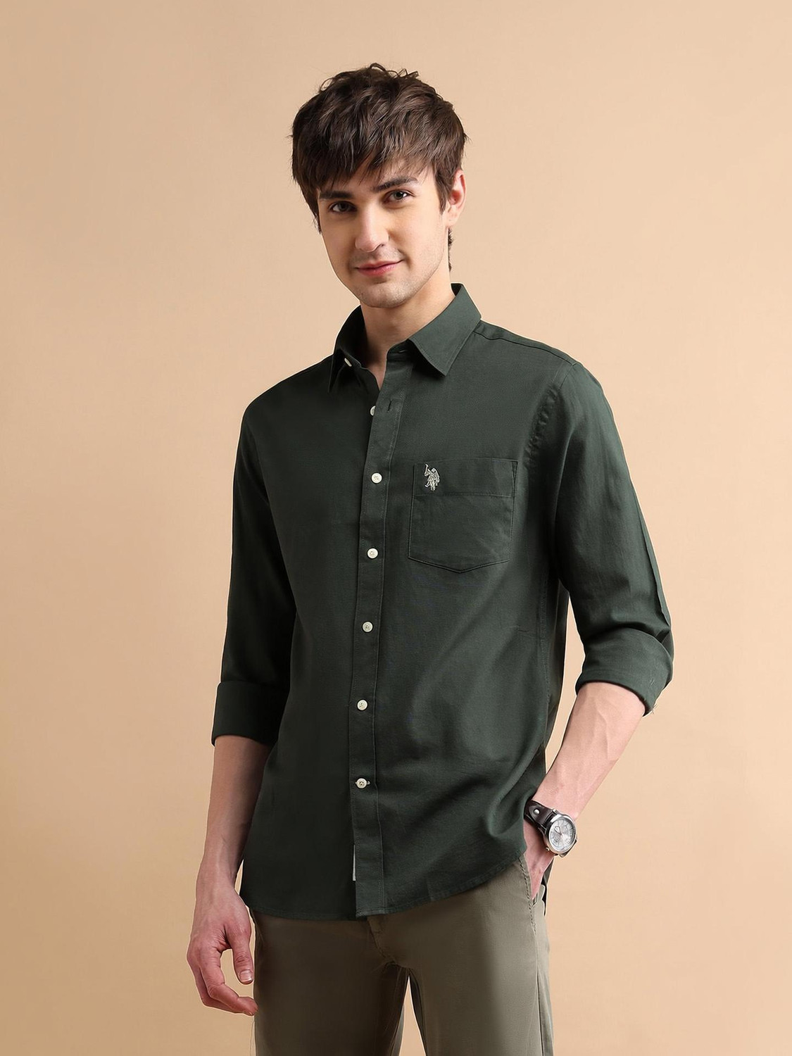 Image of U.S. POLO ASSN. Men Slim Fit Solid Spread Collar Casual Shirt