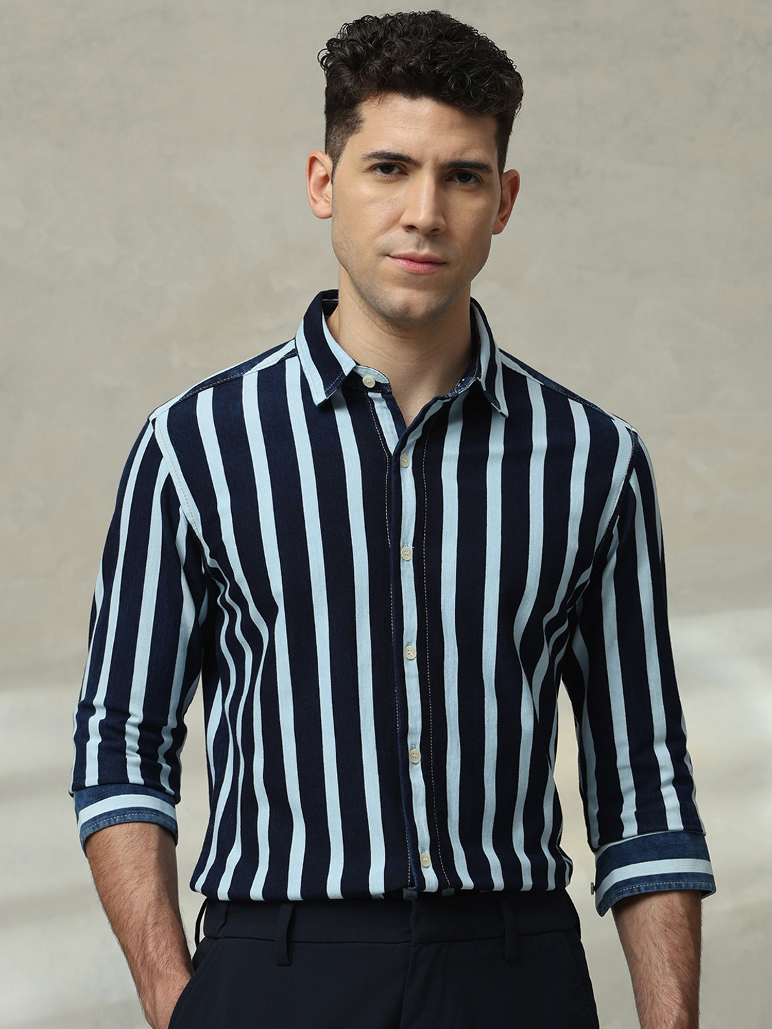 Image of MUFTI Men Slim Fit Striped Spread Collar Casual Shirt