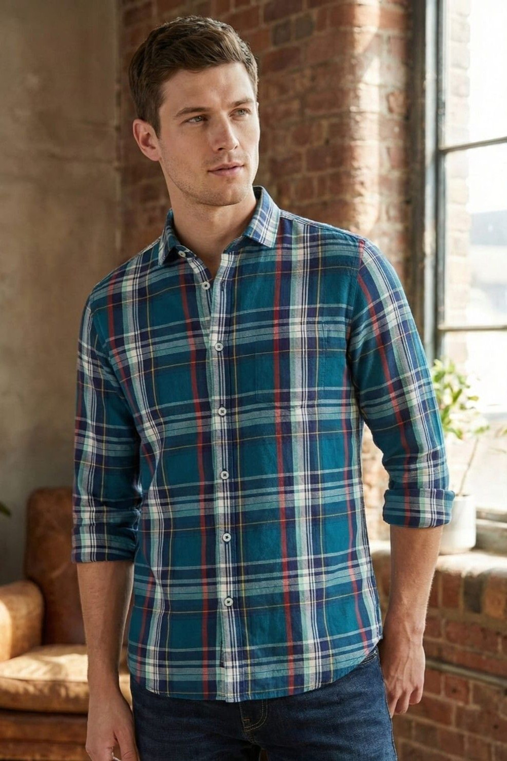 Image of Garry Richards Men Regular Fit Checkered Spread Collar Casual Shirt