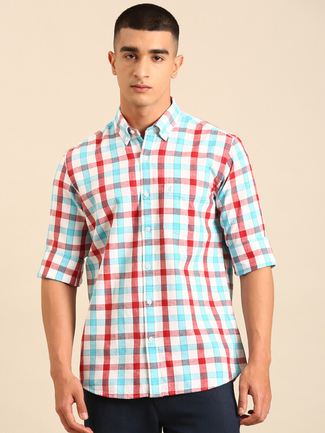Image of U.S. POLO ASSN. Men Regular Fit Checkered Spread Collar Casual Shirt