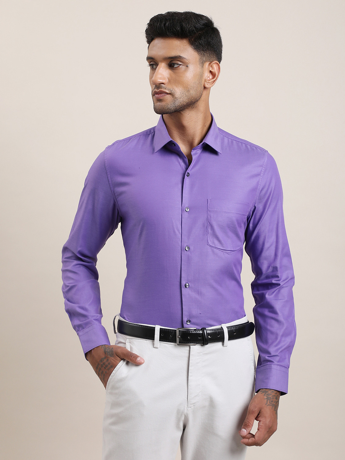 Image of Raymond Men Slim Fit Solid Cut Away Collar Formal Shirt