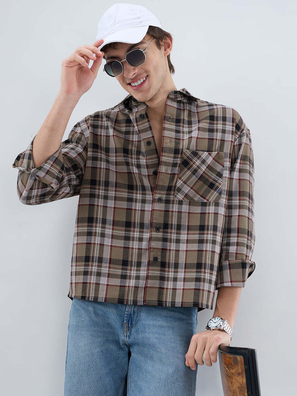 Image of VASTRADO Men Regular Fit Checkered Cut Away Collar Casual Shirt