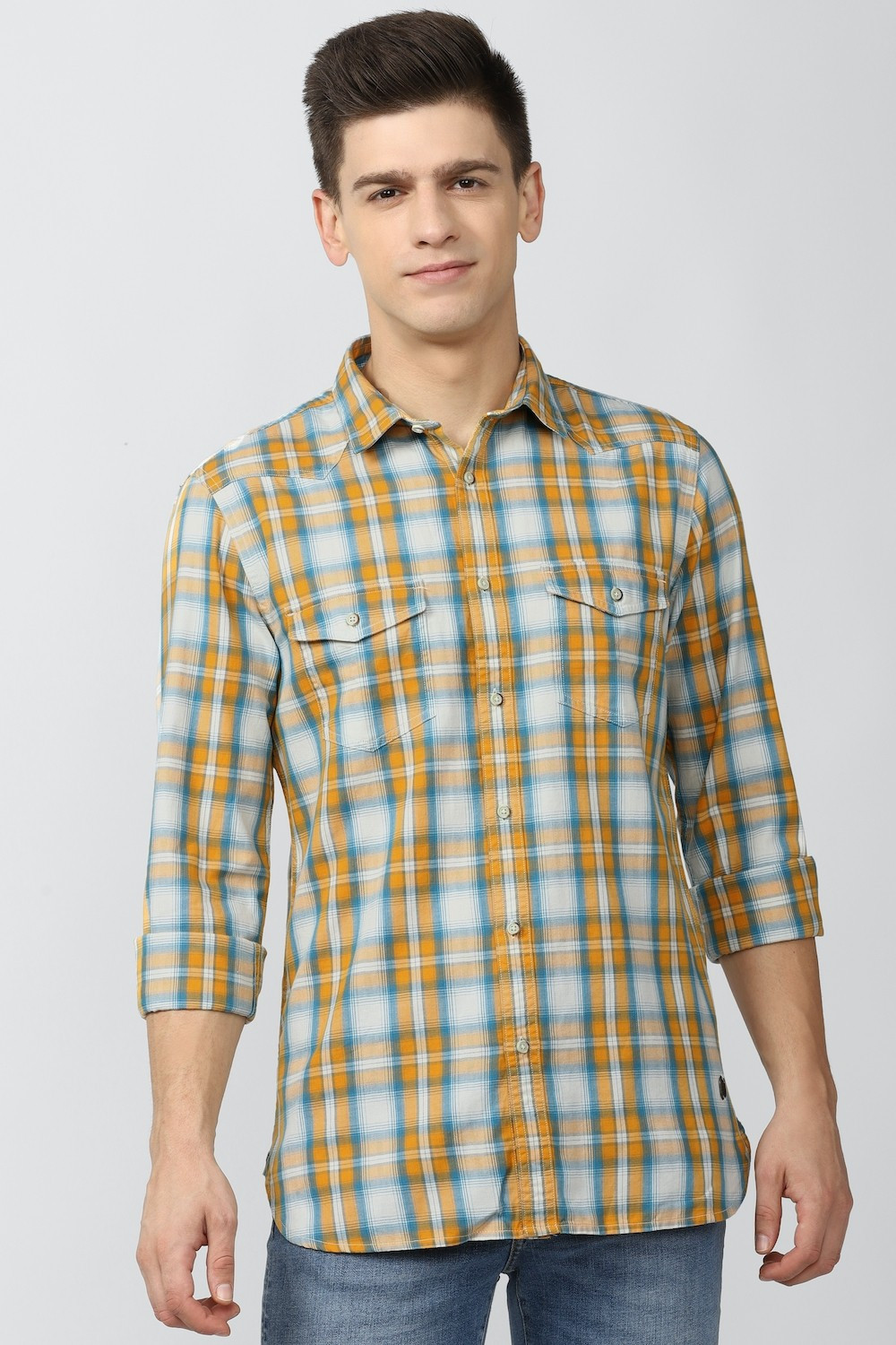 Image of PETER ENGLAND Men Super Slim Fit Checkered Spread Collar Casual Shirt