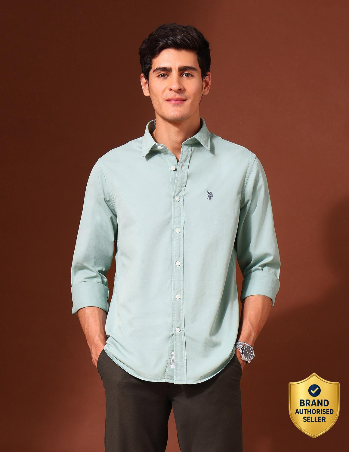 U.S. POLO ASSN. Men Tailored Fit Solid Spread Collar Shirt - Image 1