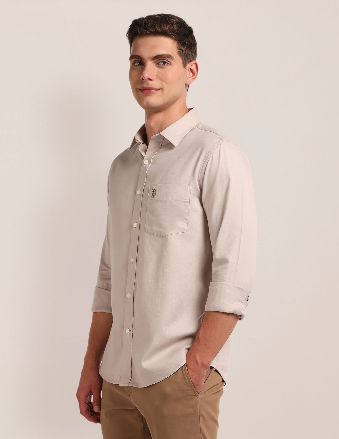 Image of U.S. POLO ASSN. Men Regular Fit Solid Cut Away Collar Casual Shirt