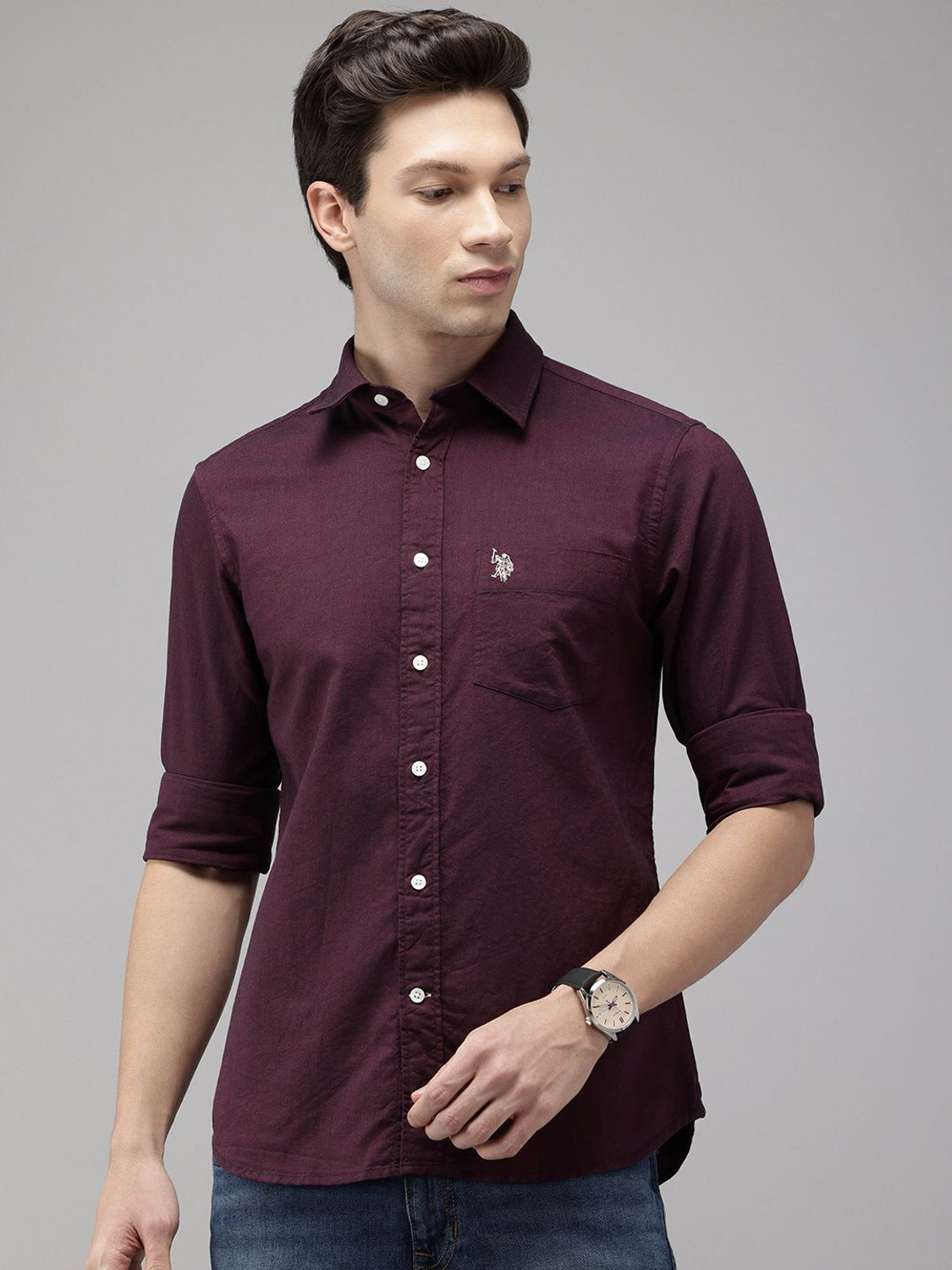 Image of U.S. POLO ASSN. Men Regular Fit Solid Spread Collar Casual Shirt