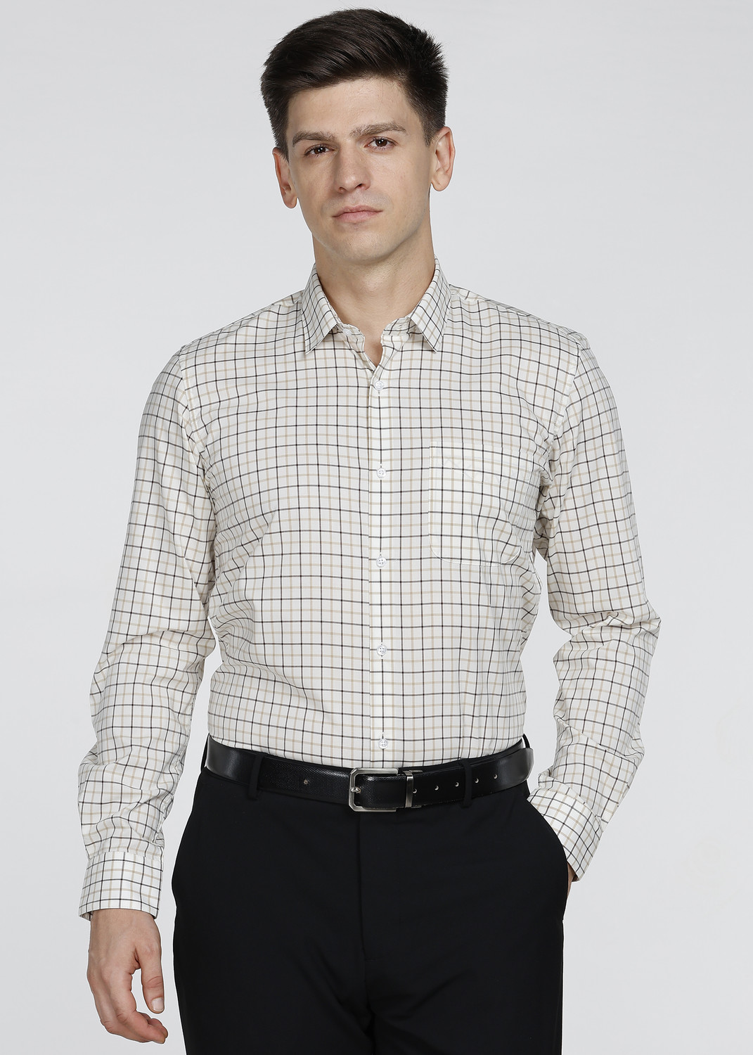 PETER ENGLAND Men Checkered Formal Beige Shirt