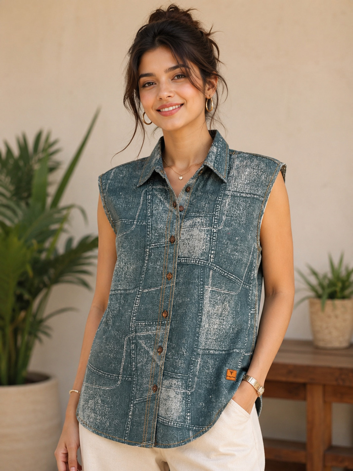 Image of Nayam By Lakshita Women Regular Fit Embroidered Mandarin Collar Casual Shirt