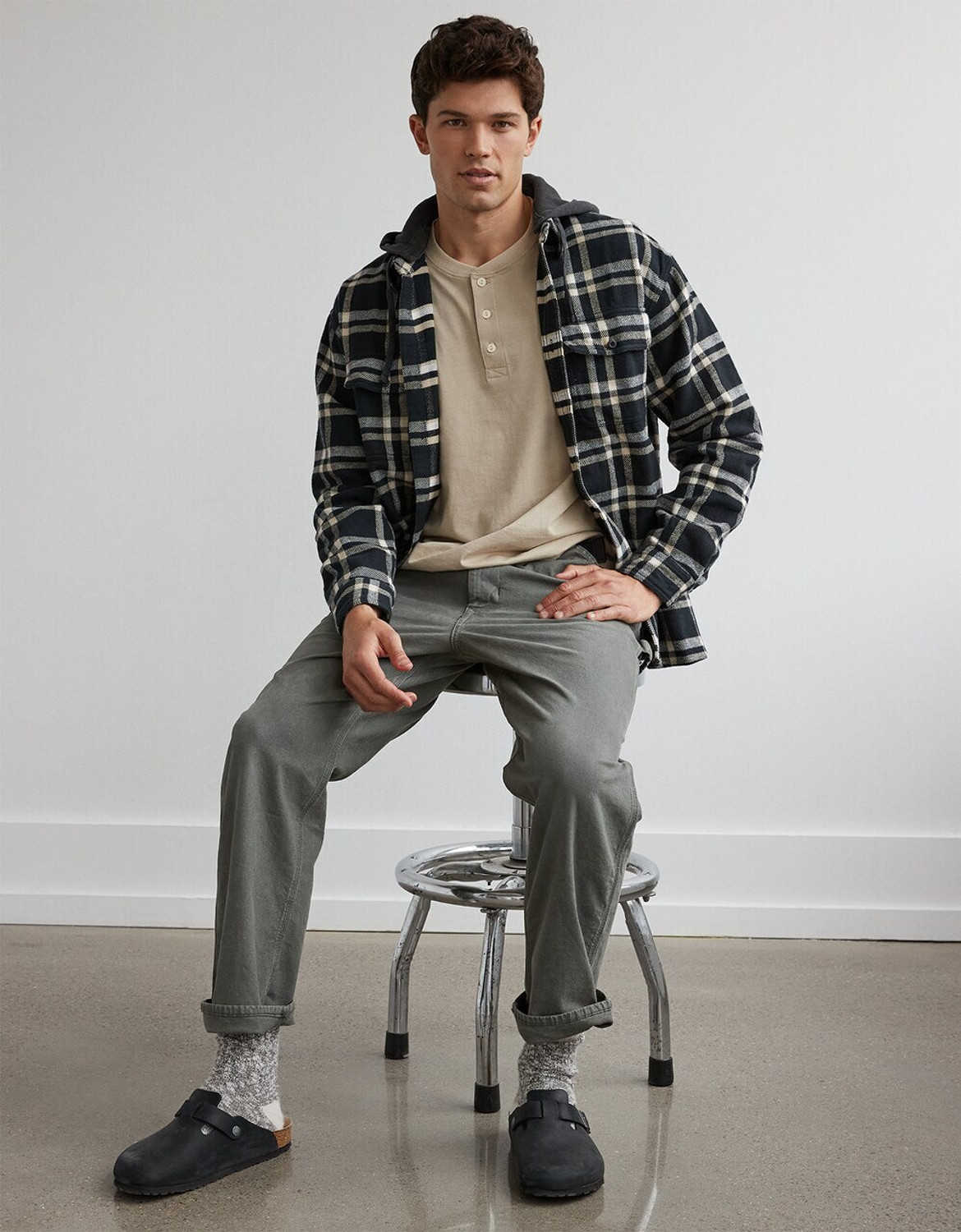 Image of American Eagle Men Regular Fit Checkered Hood Collar Casual Shirt