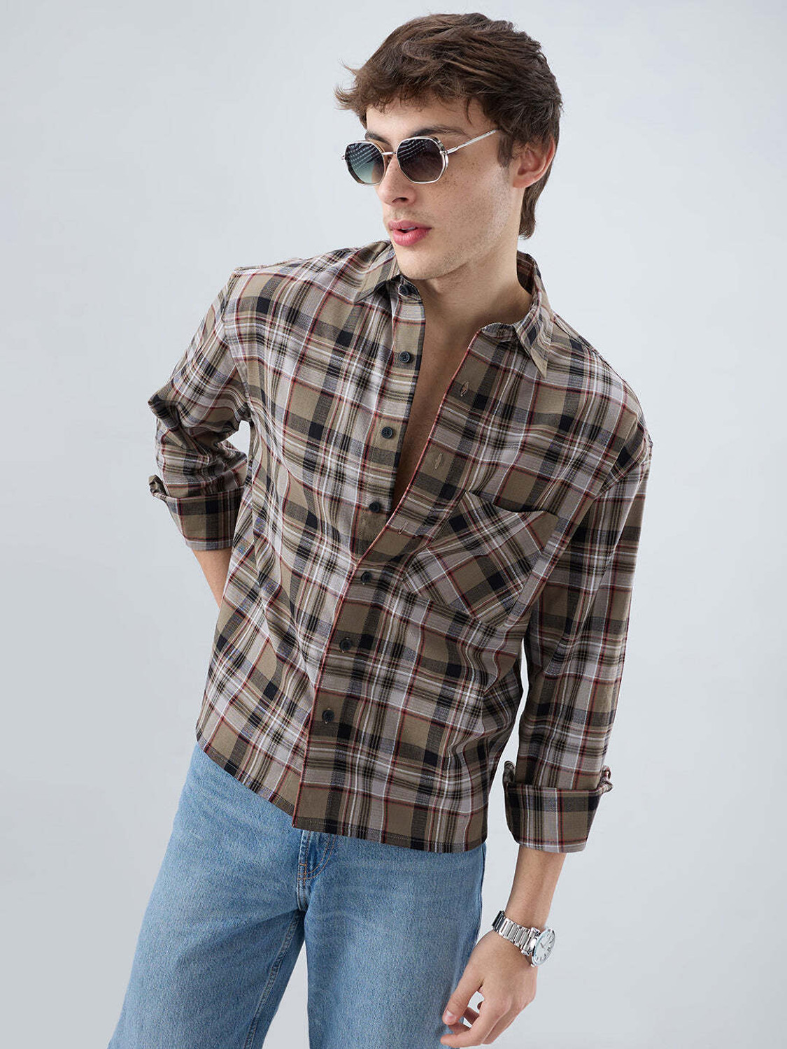 Image of VASTRADO Men Regular Fit Checkered Cut Away Collar Casual Shirt