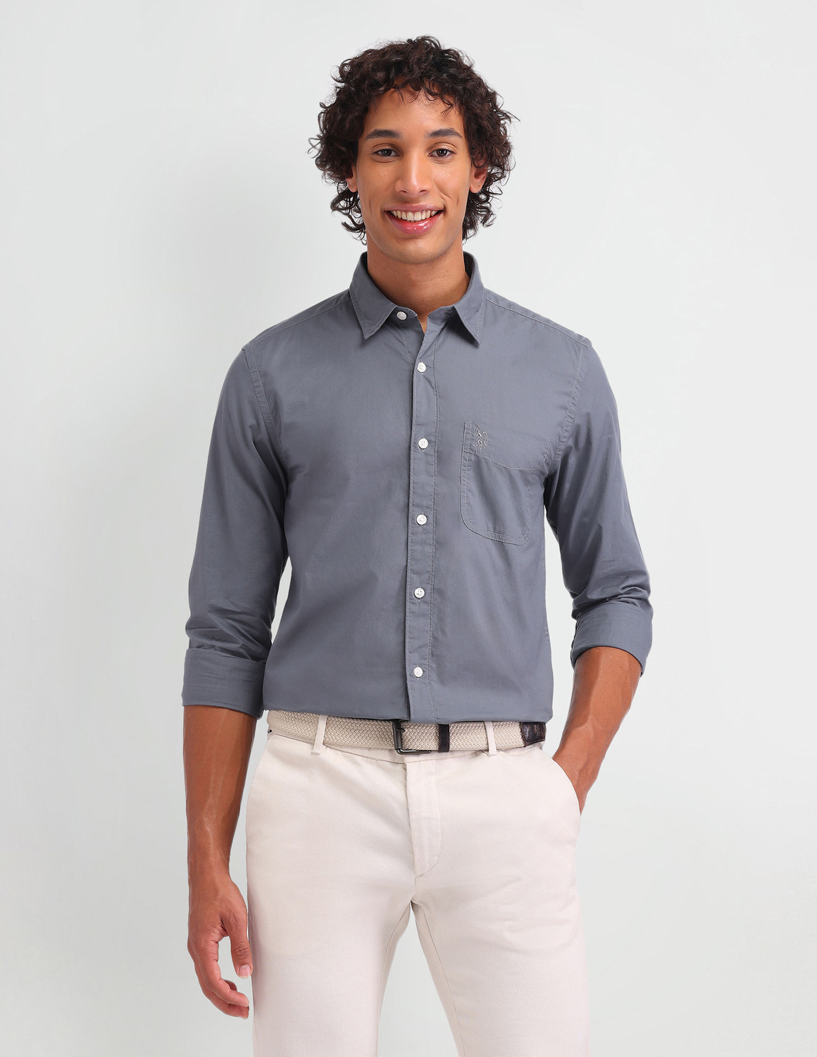 Image of U.S. POLO ASSN. Men Slim Fit Solid Spread Collar Casual Shirt