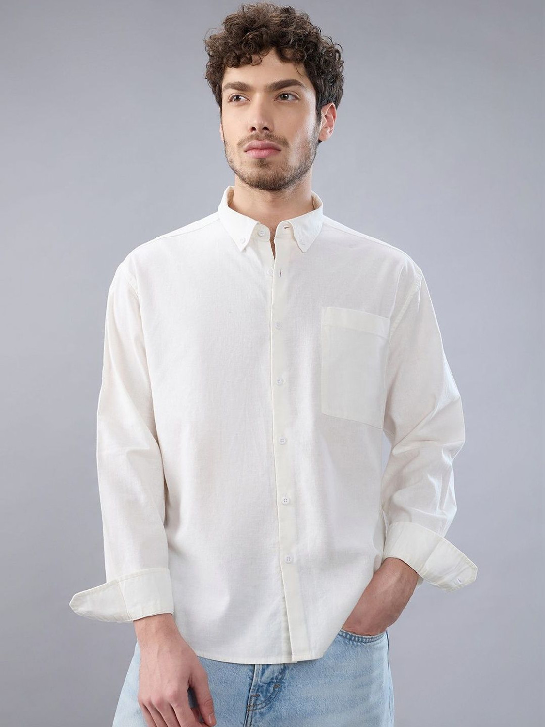 Image of HERE&NOW Men Regular Fit Solid Button Down Collar Casual Shirt