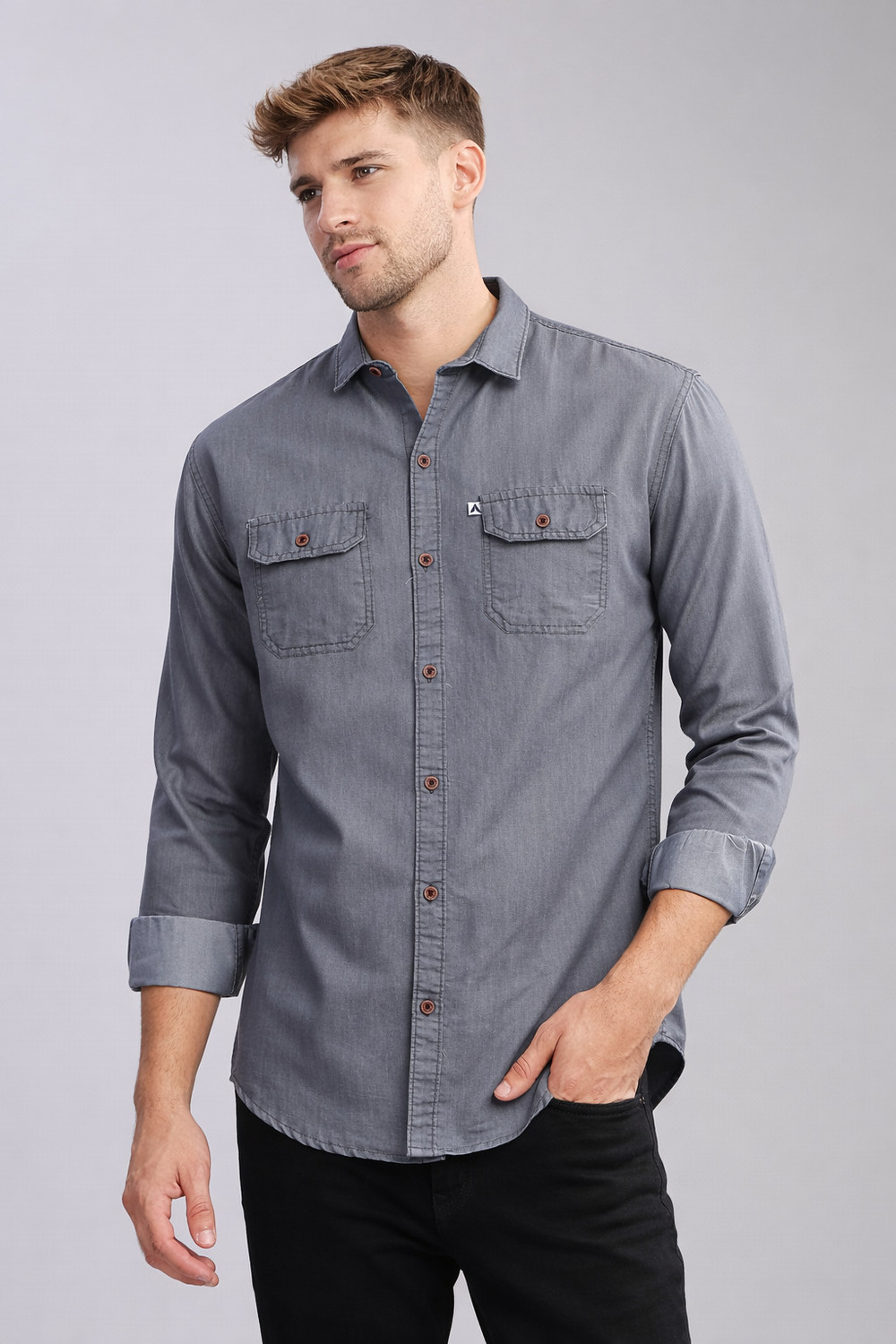 Image of AIDAN PAUL Men Regular Fit Washed Cut Away Collar Casual Shirt