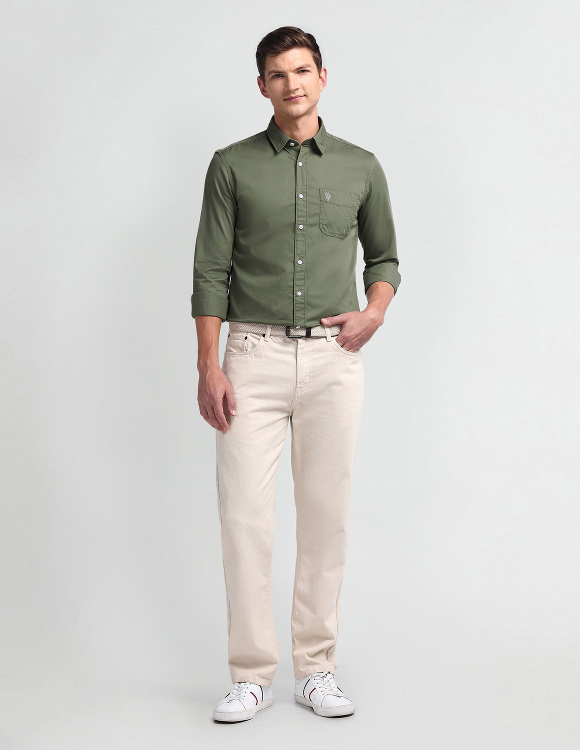 Image of U.S. POLO ASSN. Men Slim Fit Solid Cut Away Collar Casual Shirt