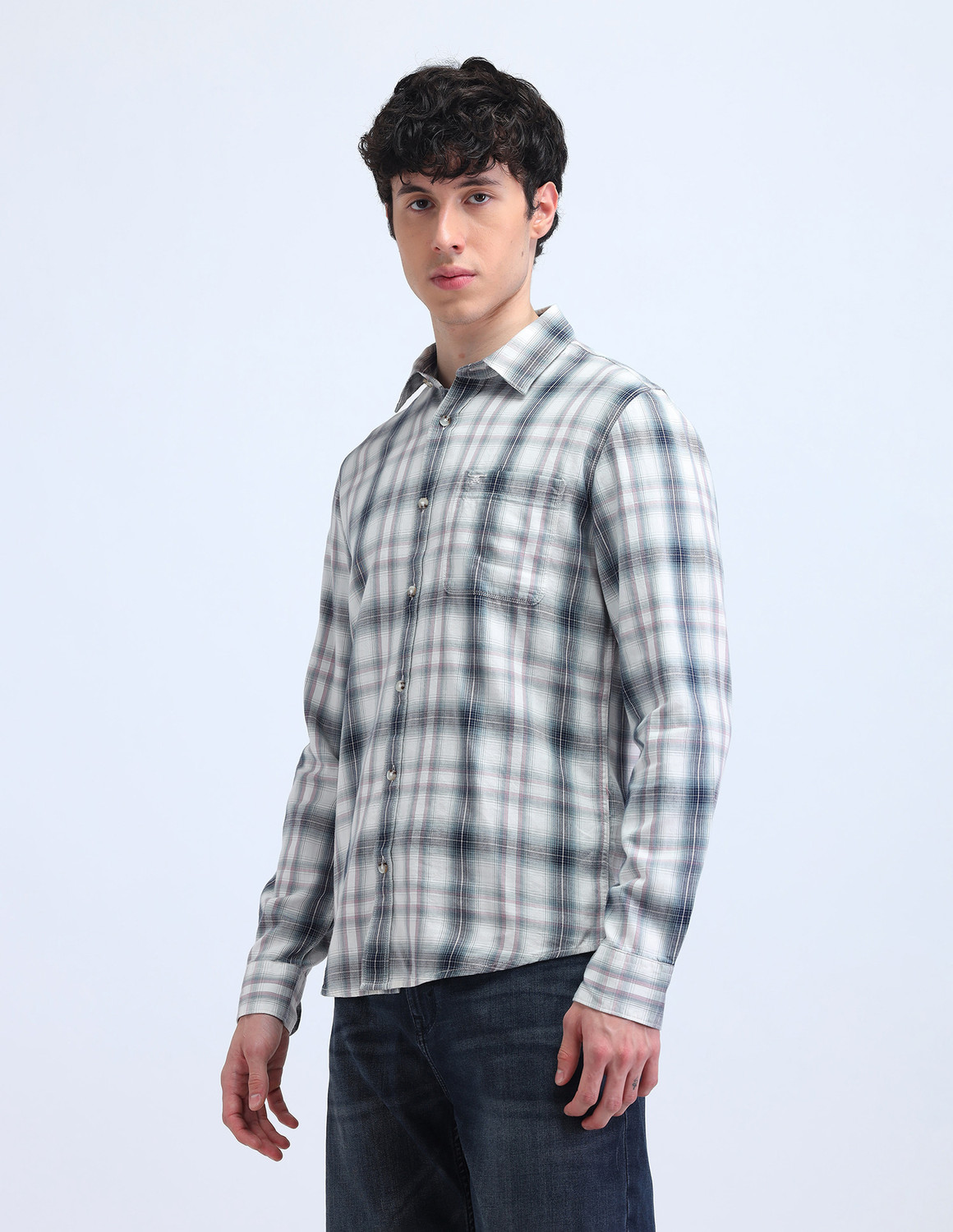 Image of FLYING MACHINE Men Slim Fit Checkered Spread Collar Casual Shirt