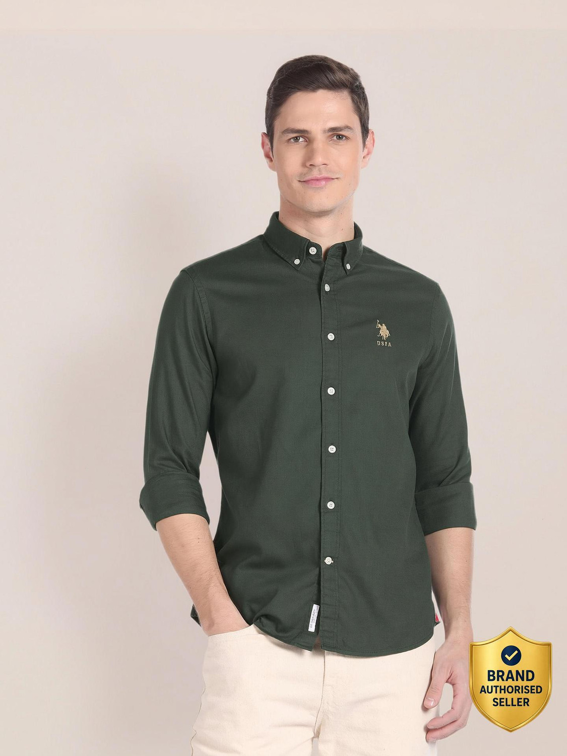 Image of U.S. POLO ASSN. Men Slim Fit Solid Spread Collar Casual Shirt