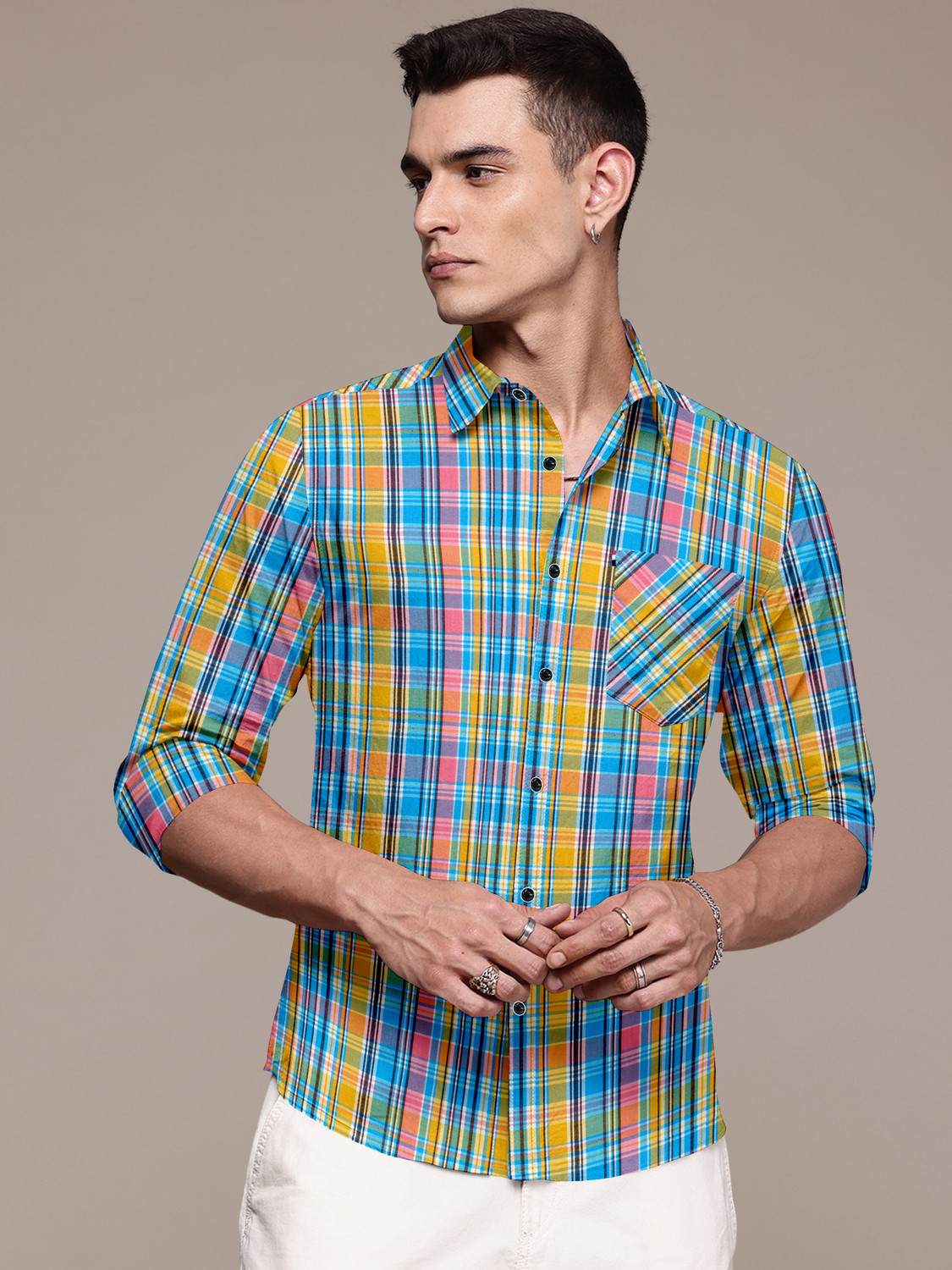 Image of The TallMann Club Men Regular Fit Striped Slim Collar Casual Shirt