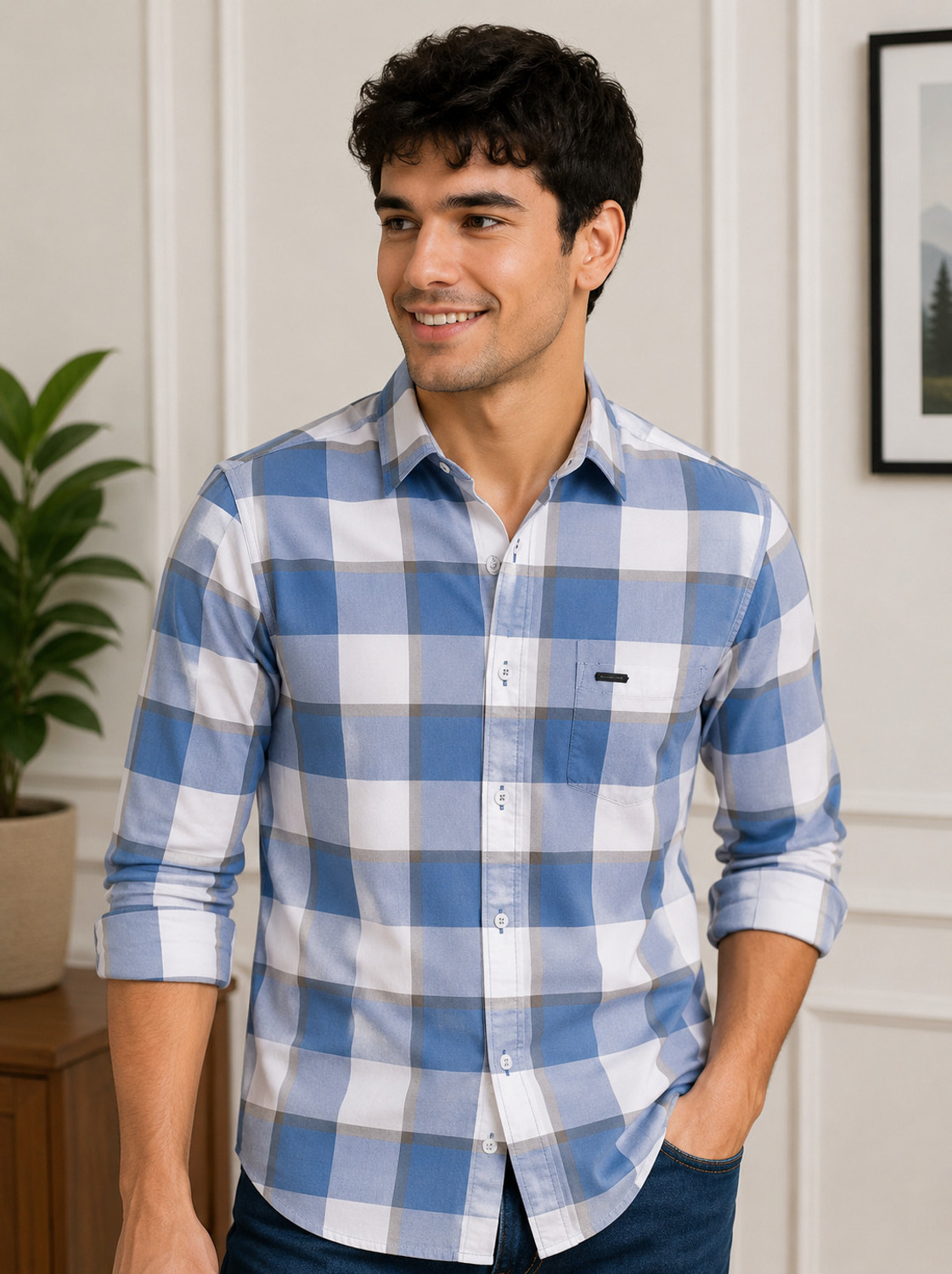 Image of Marc Laurent Men Regular Fit Checkered Spread Collar Casual Shirt