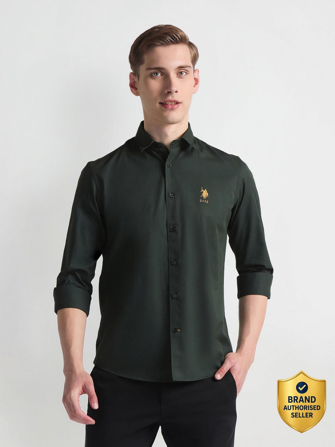 Image of U.S. POLO ASSN. Men Slim Fit Solid Spread Collar Casual Shirt