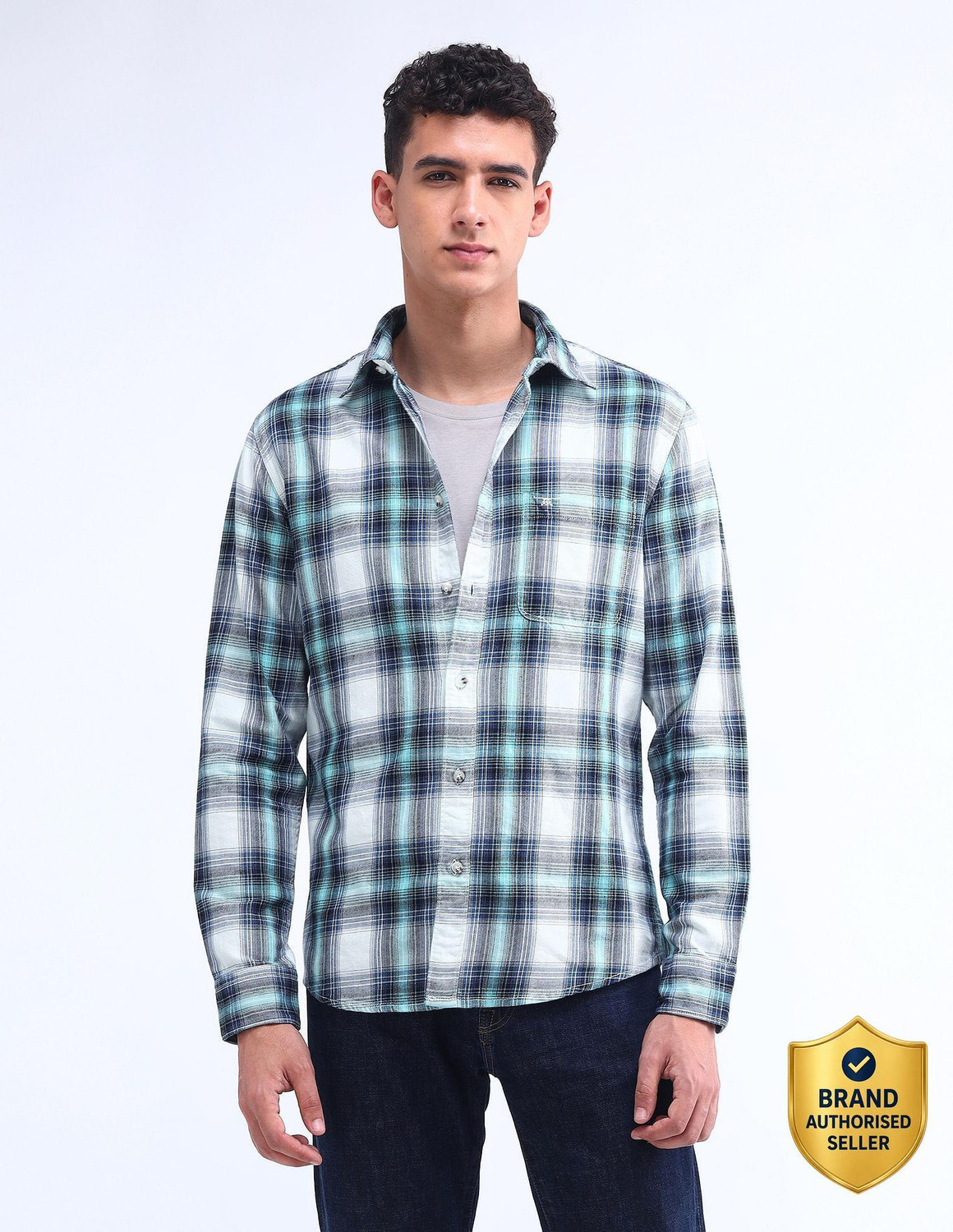 Image of FLYING MACHINE Men Slim Fit Checkered Spread Collar Casual Shirt