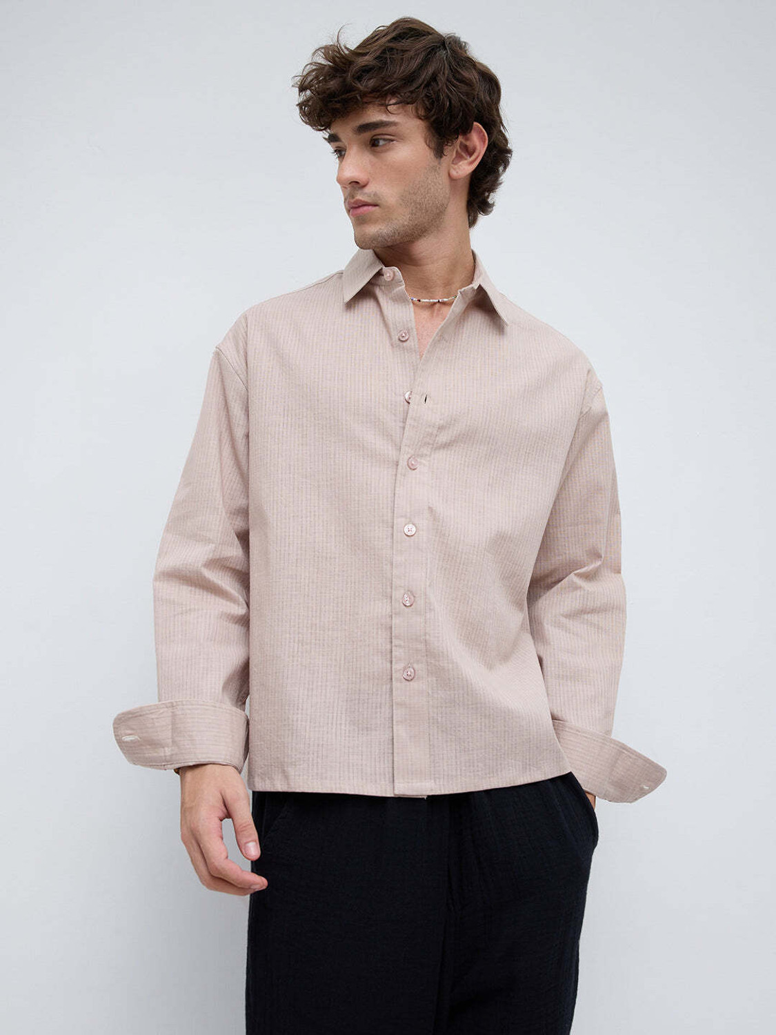 Image of VASTRADO Men Oversized Fit Solid Cut Away Collar Casual Shirt