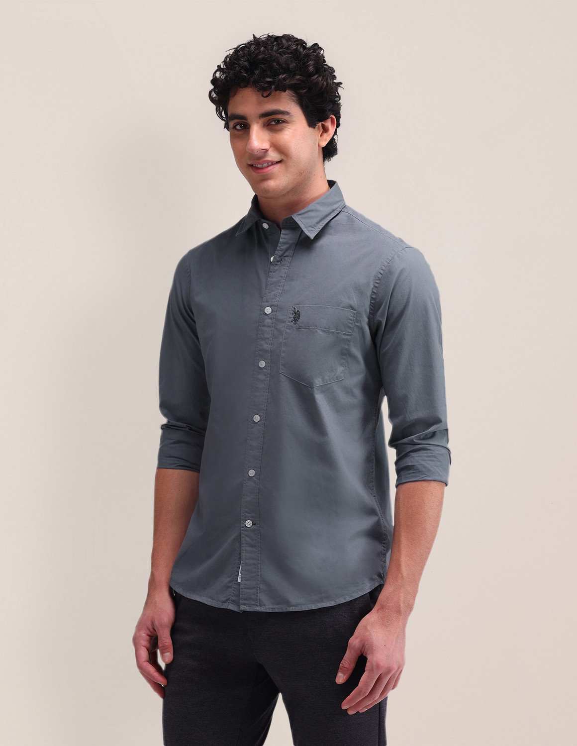 Image of U.S. POLO ASSN. Men Regular Fit Solid Spread Collar Casual Shirt
