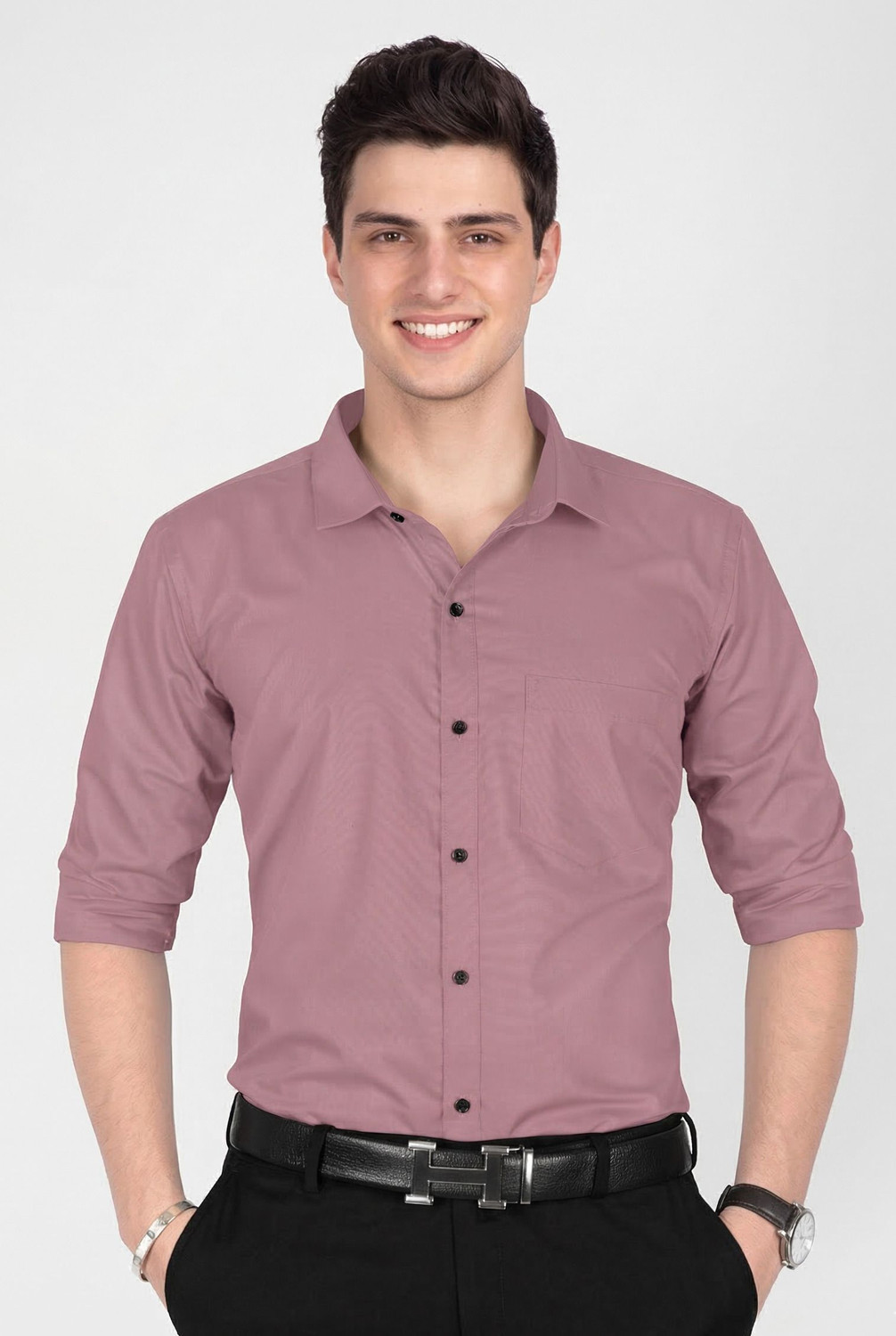 Image of FIBERMILL Men Slim Fit Solid Spread Collar Formal Shirt