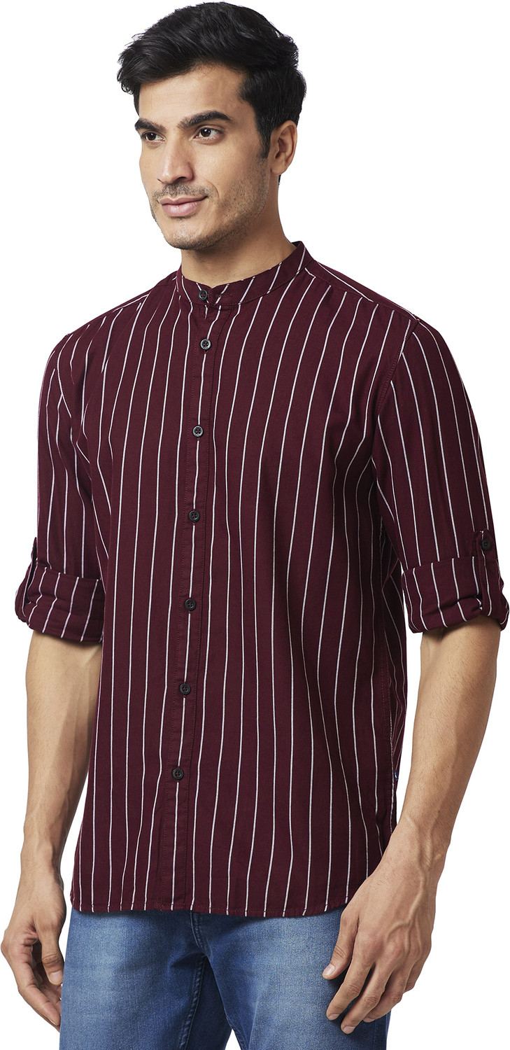 Image of PARX Men Slim Fit Striped Mandarin Collar Casual Shirt