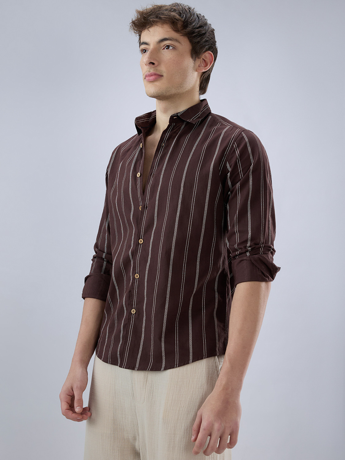 Image of VASTRADO Men Regular Fit Striped Cut Away Collar Casual Shirt