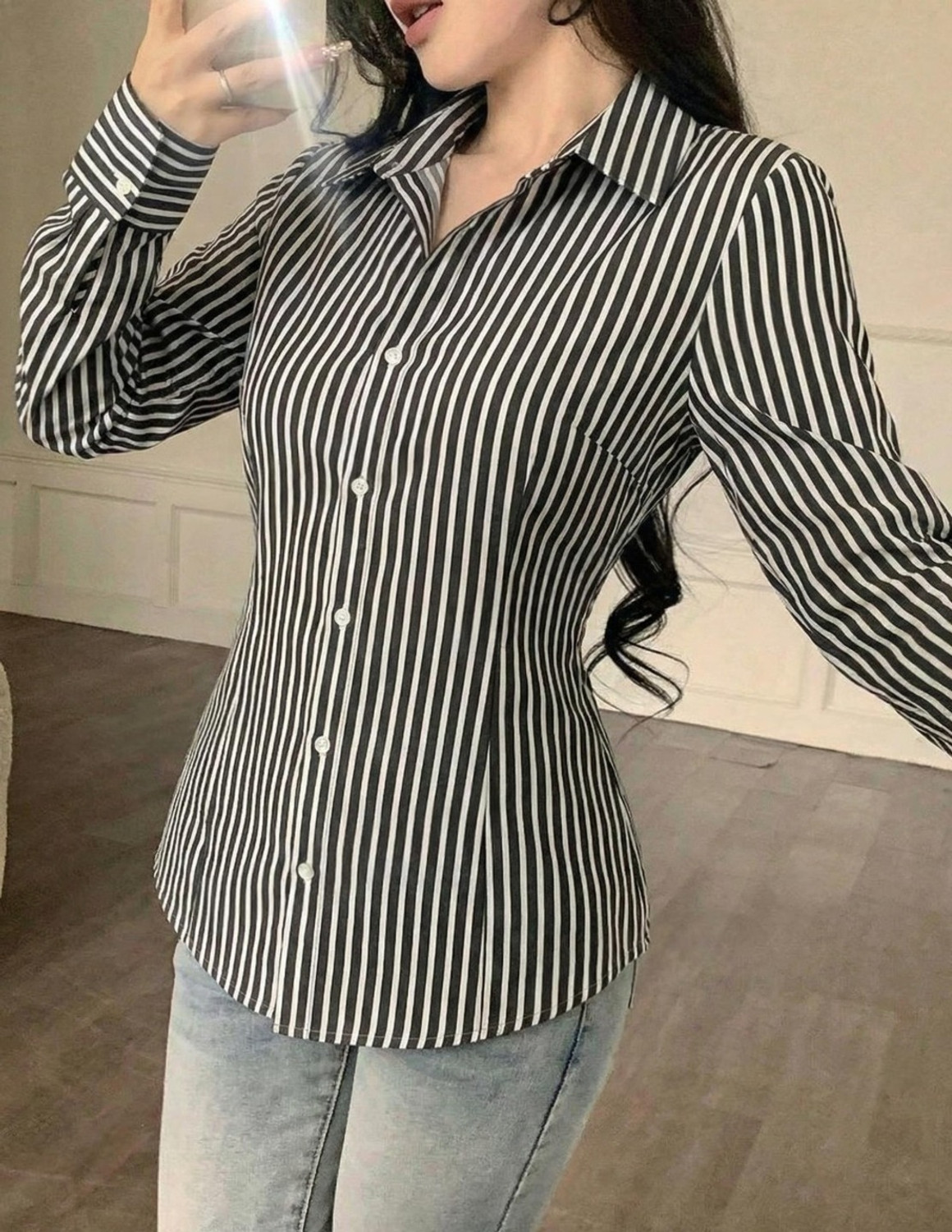 Image of MOONXS Women Slim Fit Striped Spread Collar Formal Shirt
