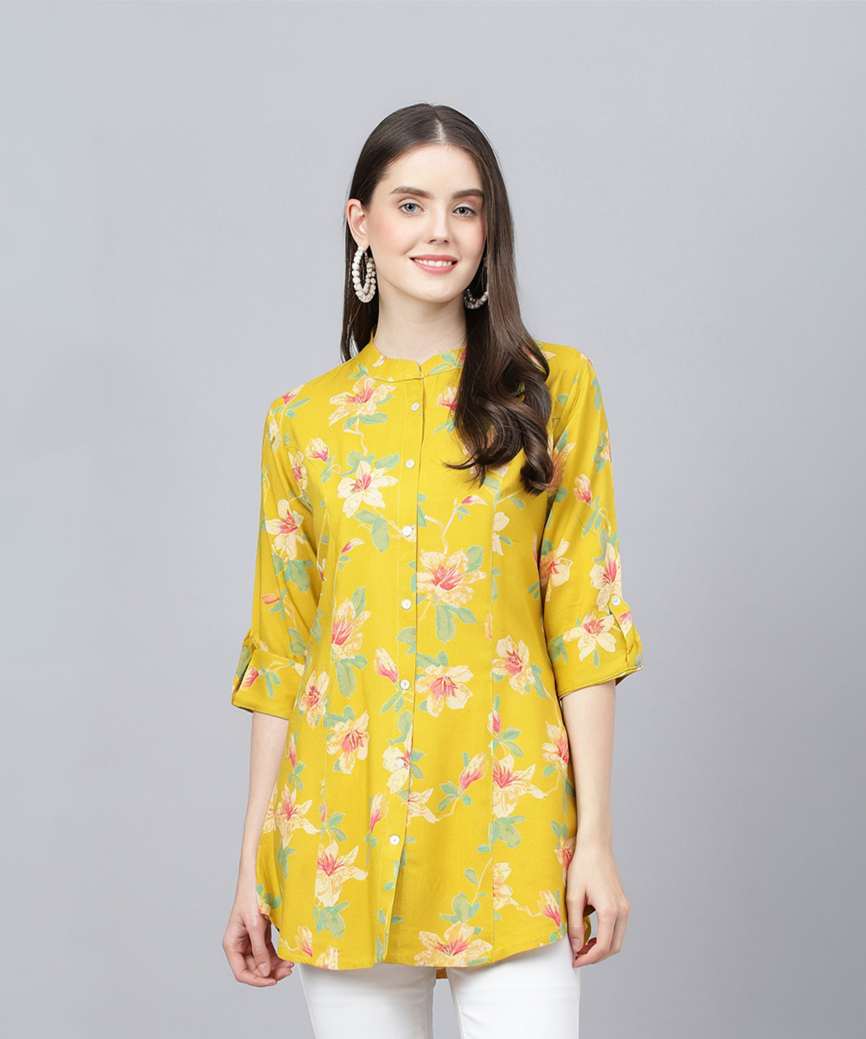 Image of Nayam By Lakshita Women Regular Fit Embroidered Mandarin Collar Casual Shirt