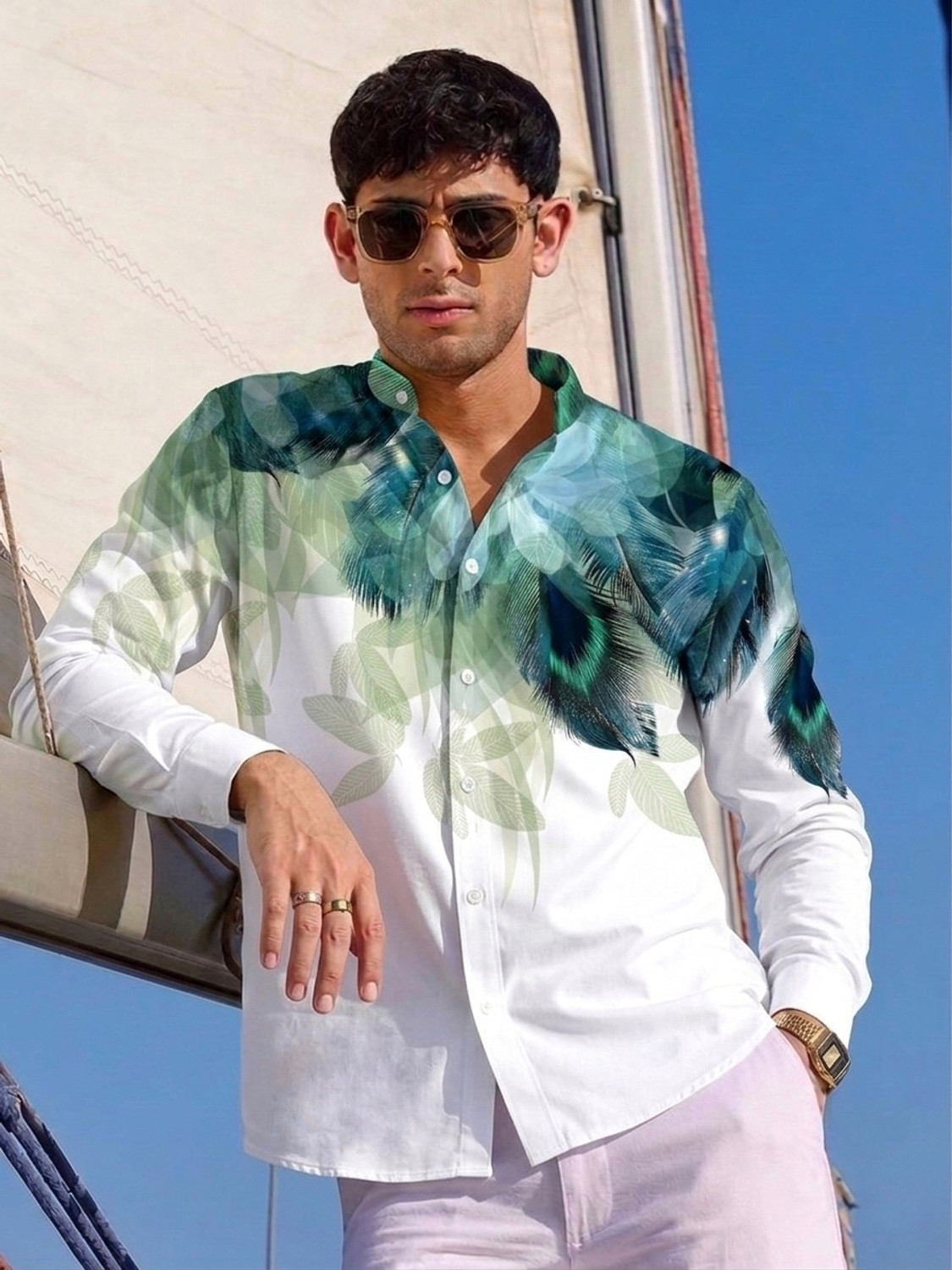 Image of Zonly Men Regular Fit Self Design, Printed, Solid Ribbed Collar Casual Shirt