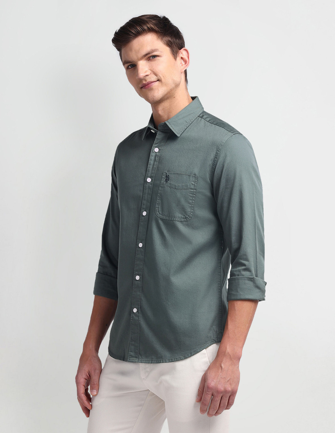 Image of U.S. POLO ASSN. Men Slim Fit Solid Cut Away Collar Casual Shirt