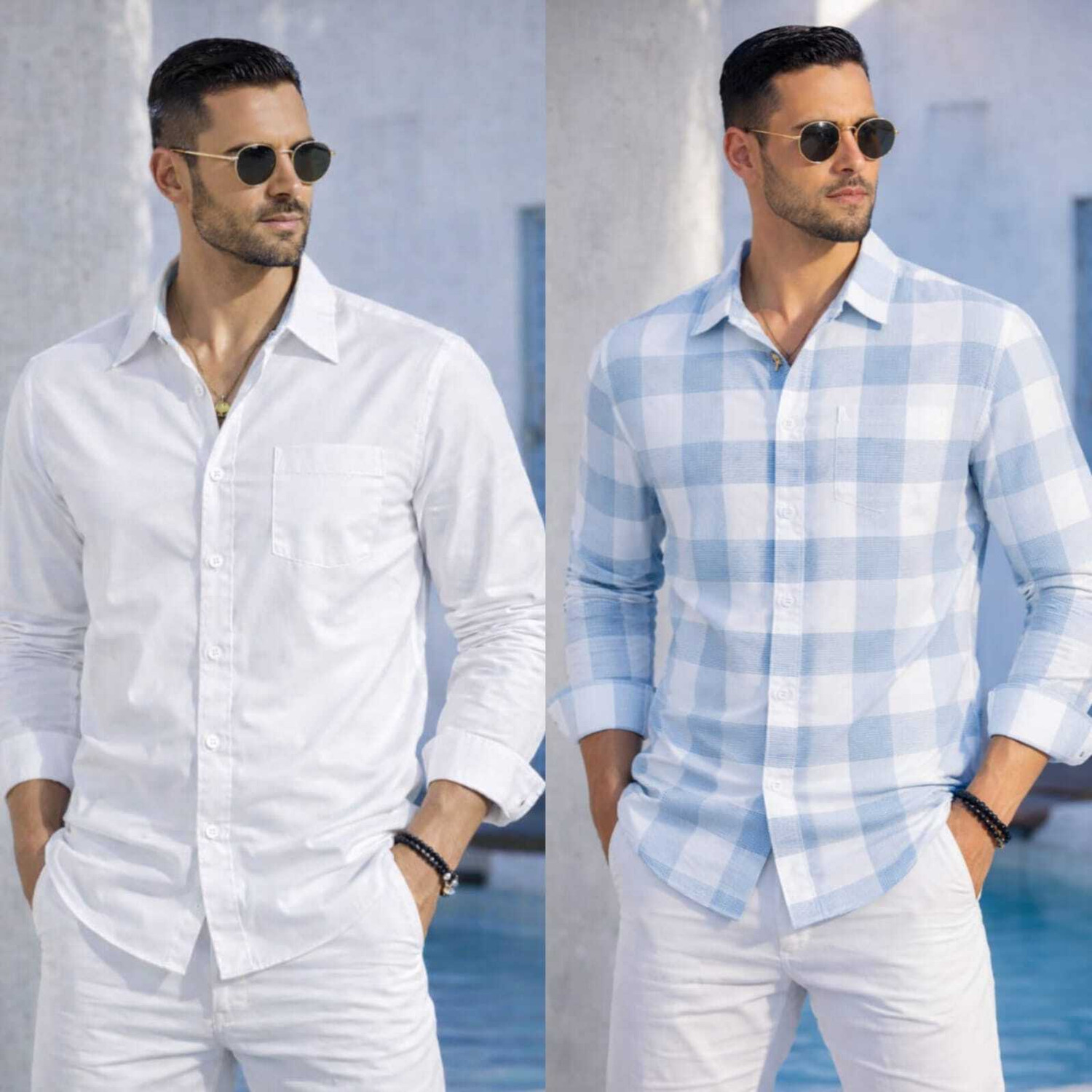 Image of AATWANIS Men Regular Fit Solid, Checkered Spread Collar Casual Shirt (Pack of 2)