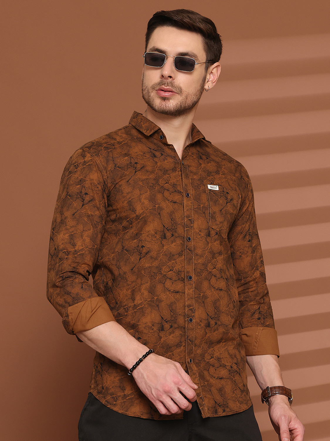 Majestic Man Men Printed Casual Brown Shirt - Image 6