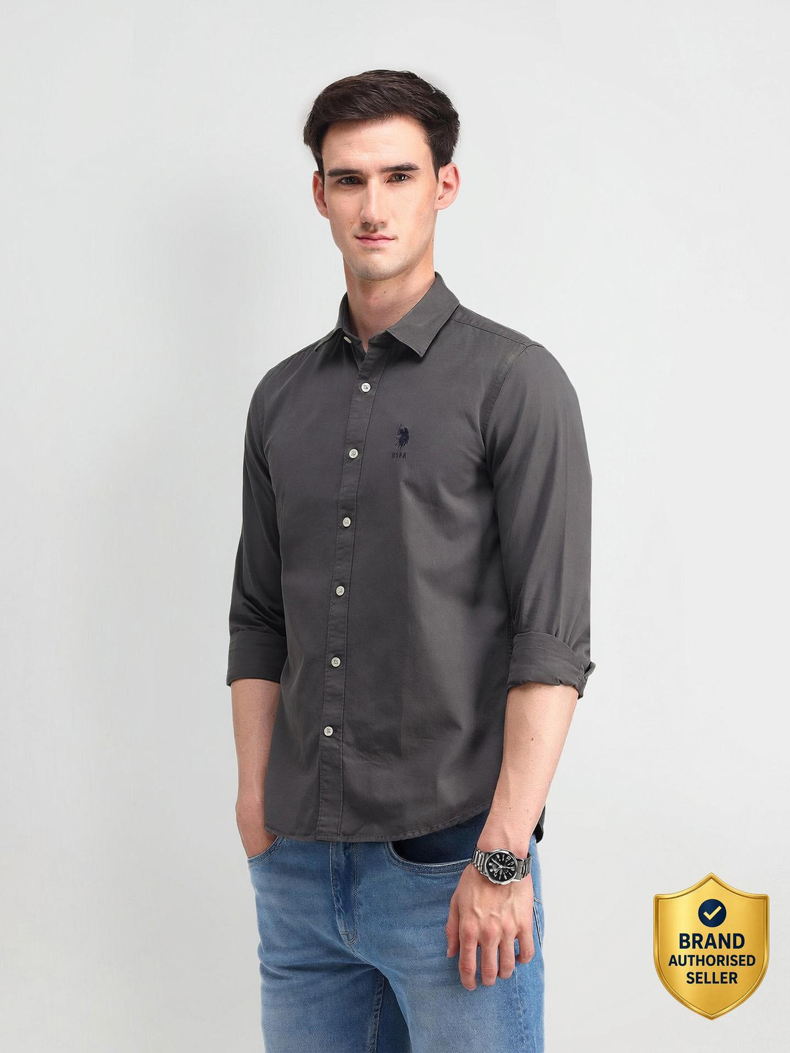 Image of U.S. POLO ASSN. Men Slim Fit Solid Spread Collar Casual Shirt