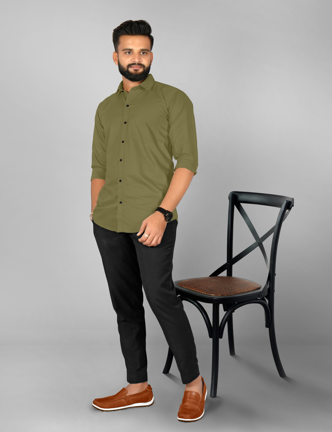 Image of FIBERMILL Men Slim Fit Solid Spread Collar Formal Shirt