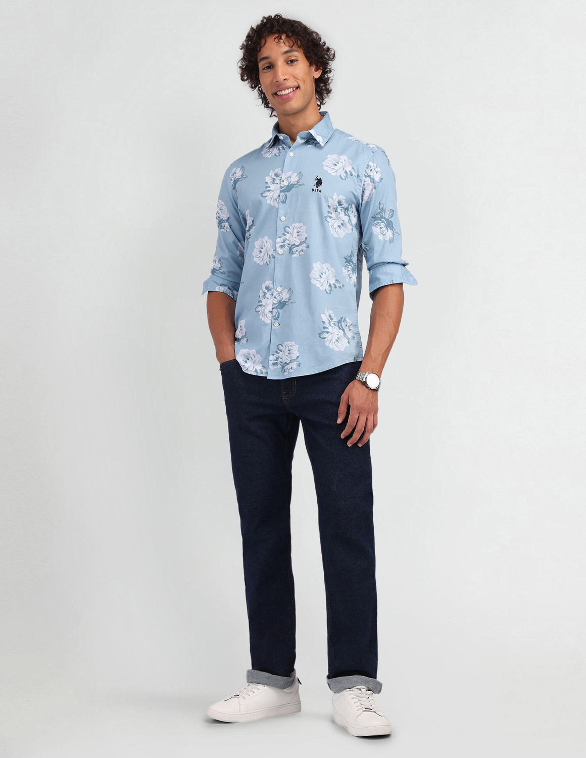 Image of U.S. POLO ASSN. Men Slim Fit Floral Print Spread Collar Casual Shirt