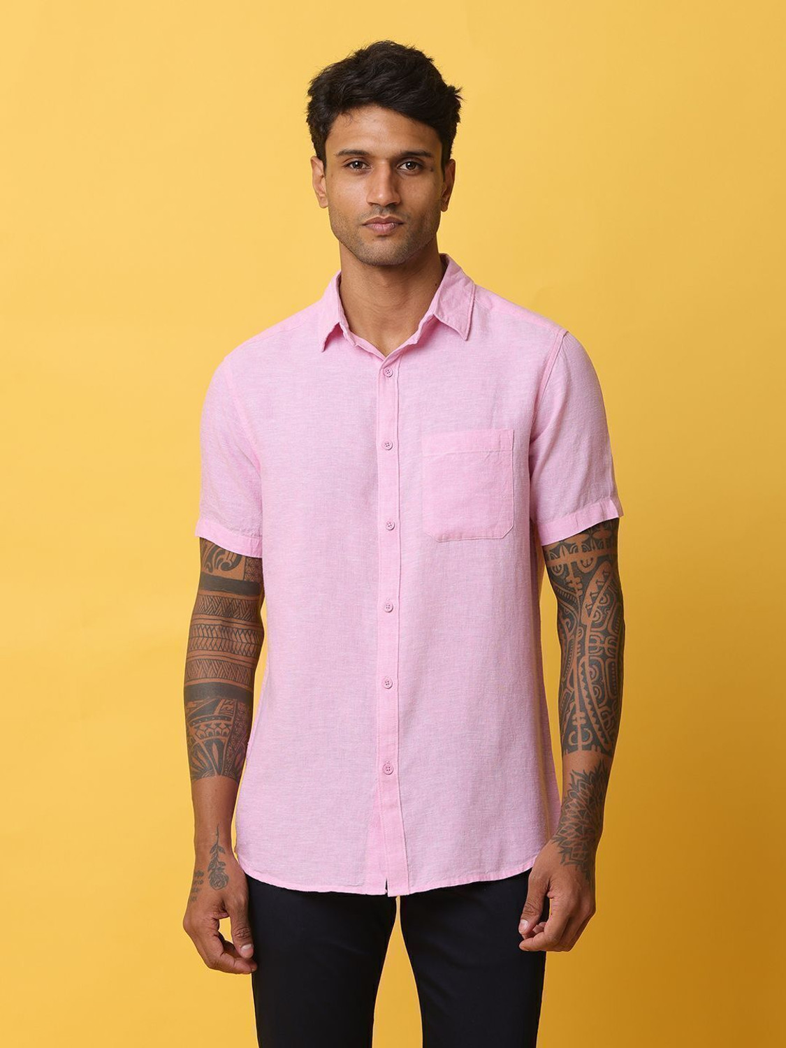 Image of Spykar Men Regular Fit Solid Slim Collar Casual Shirt