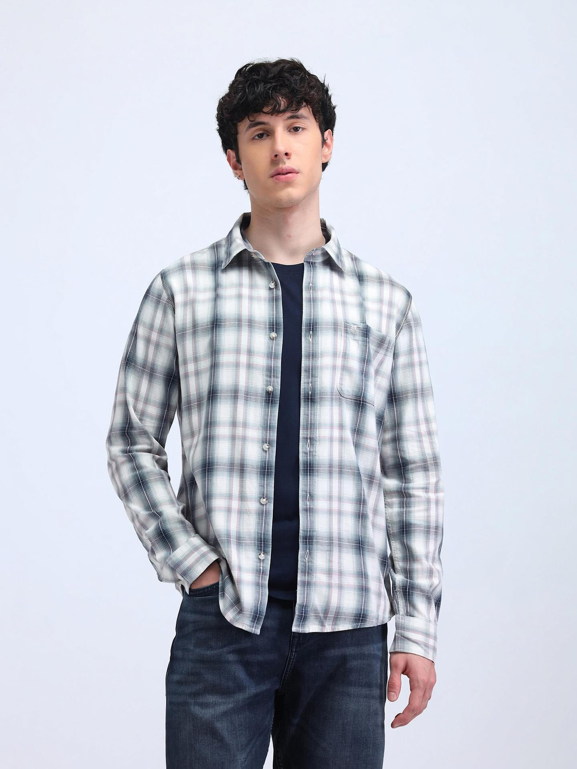 Image of FLYING MACHINE Men Slim Fit Checkered Spread Collar Casual Shirt