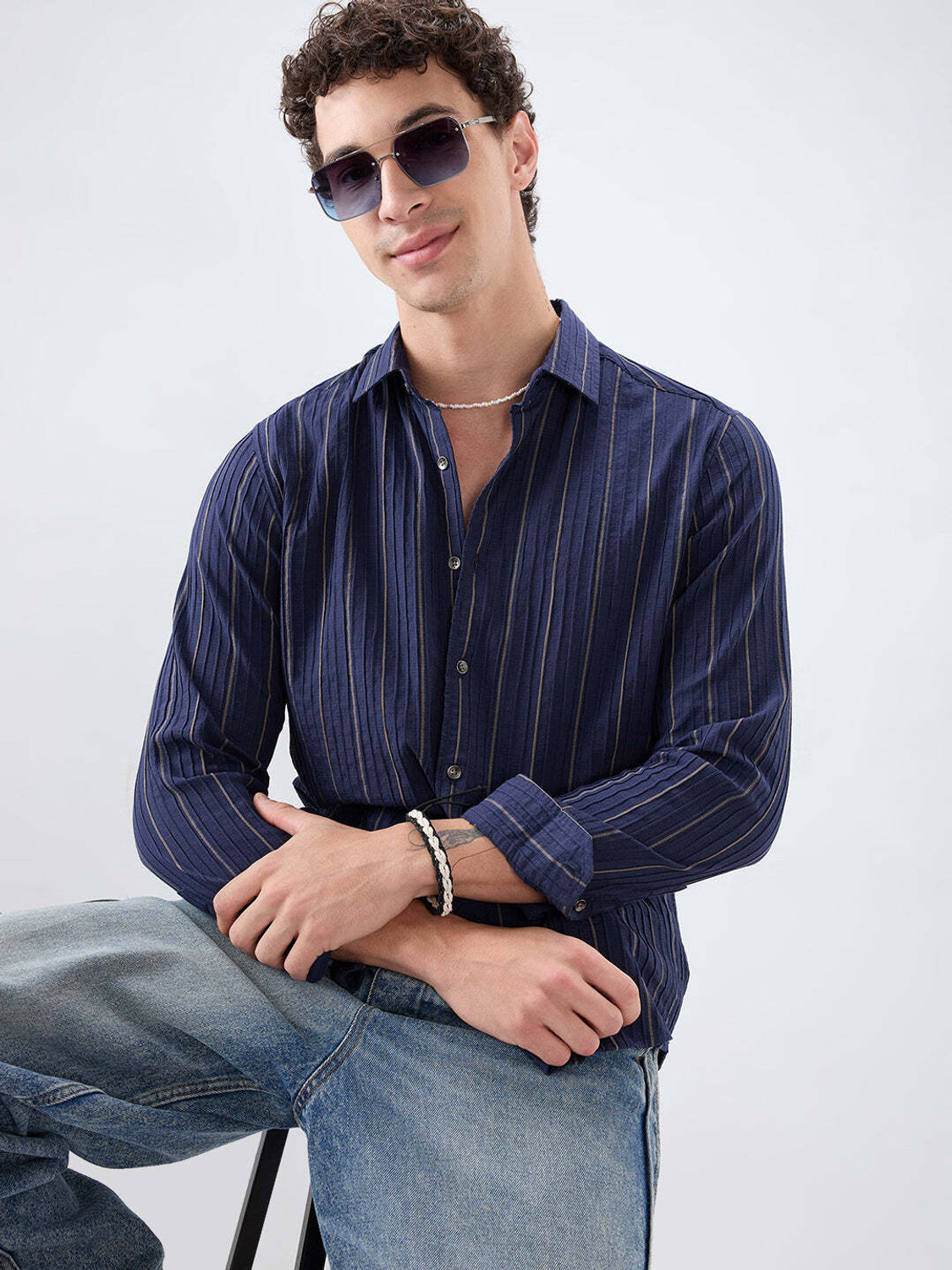 Image of VASTRADO Men Regular Fit Striped Cut Away Collar Casual Shirt