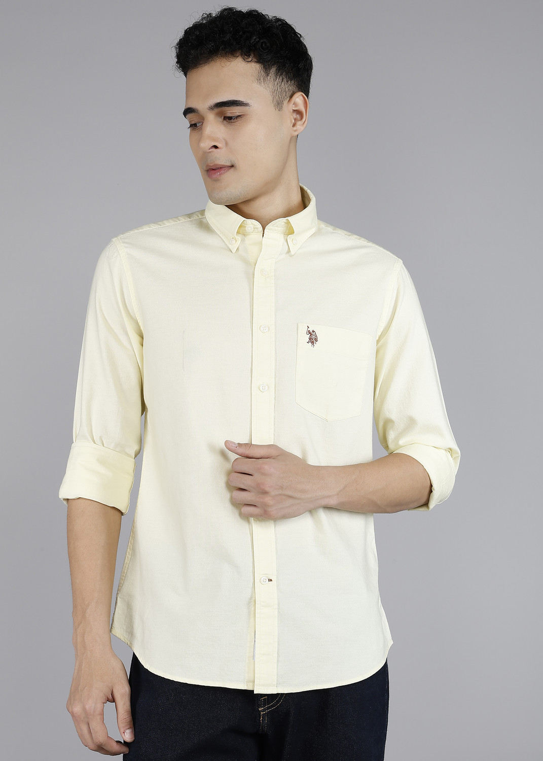 Image of U.S. POLO ASSN. Men Regular Fit Solid Cut Away Collar Casual Shirt