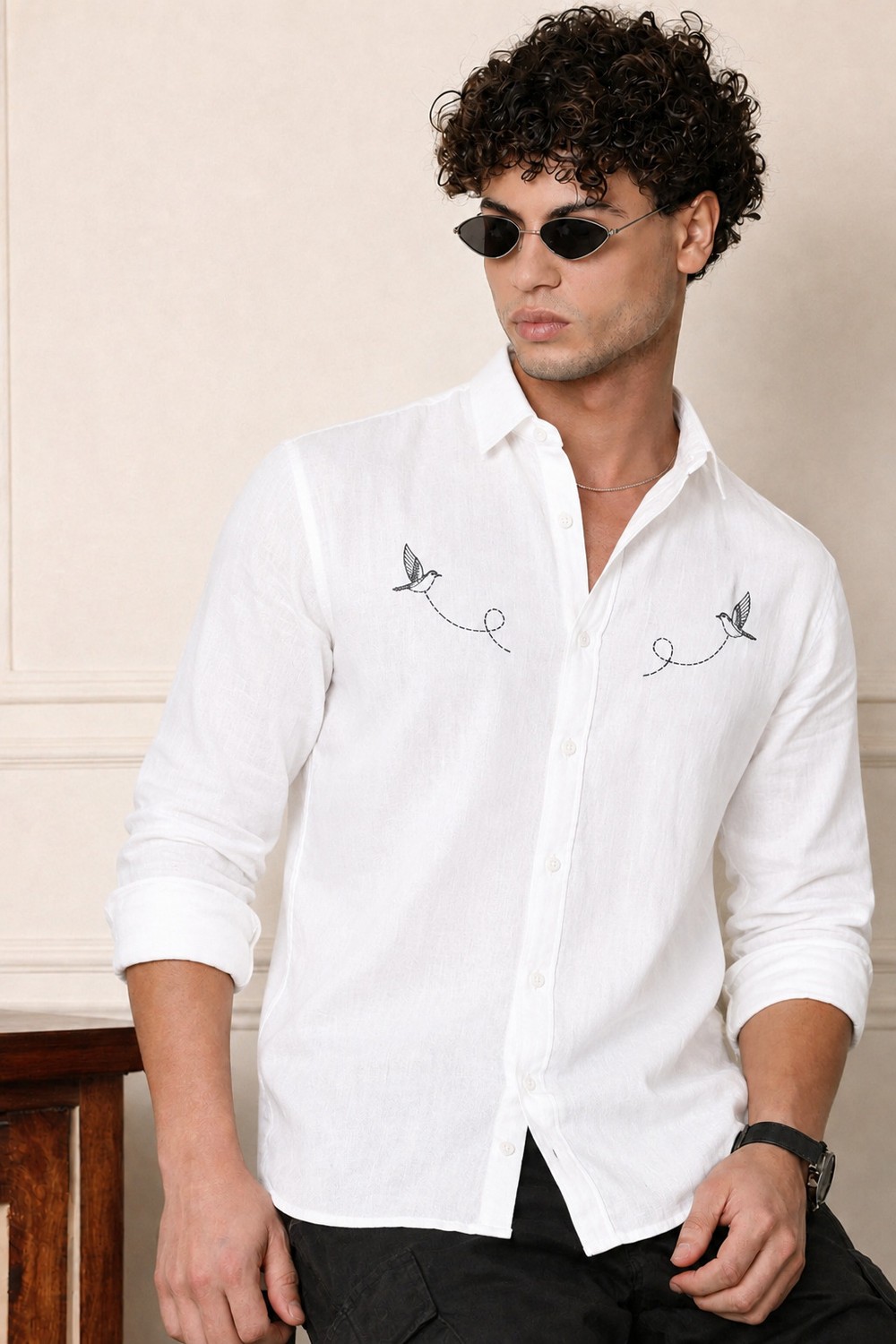 Image of COMBRAIDED Men Regular Fit Embroidered Spread Collar Casual Shirt